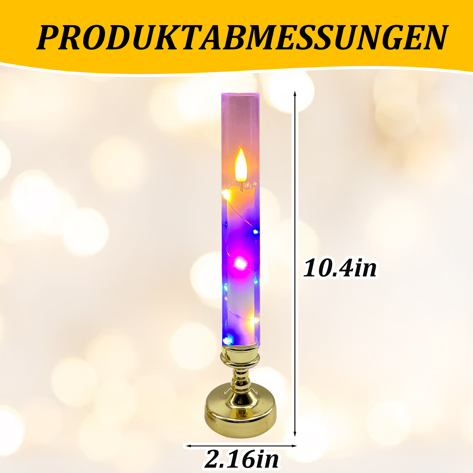 Eine dekorative Kerze mit goldenem Sockel, durchsichtigem Rohr und einer leuchtenden Flamme. Maße: 10,4 Zoll hoch und 2,16 Zoll breit.
