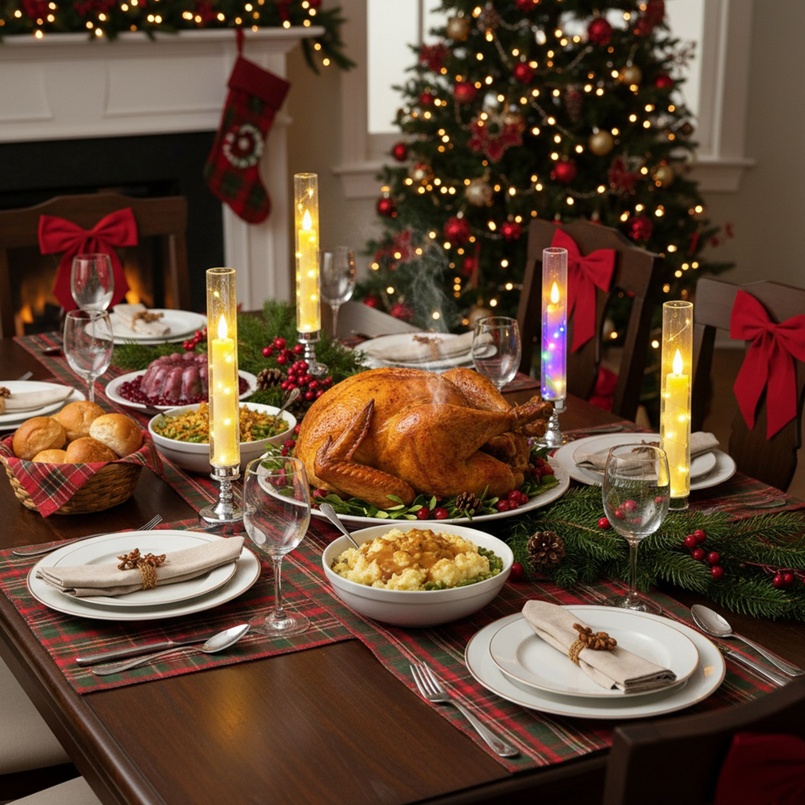 Festlicher Weihnachtstisch. Gebratene Pute, Beilagen, Kerzen und ein geschmückter Baum im Hintergrund, bereit für ein Feiertagsessen.