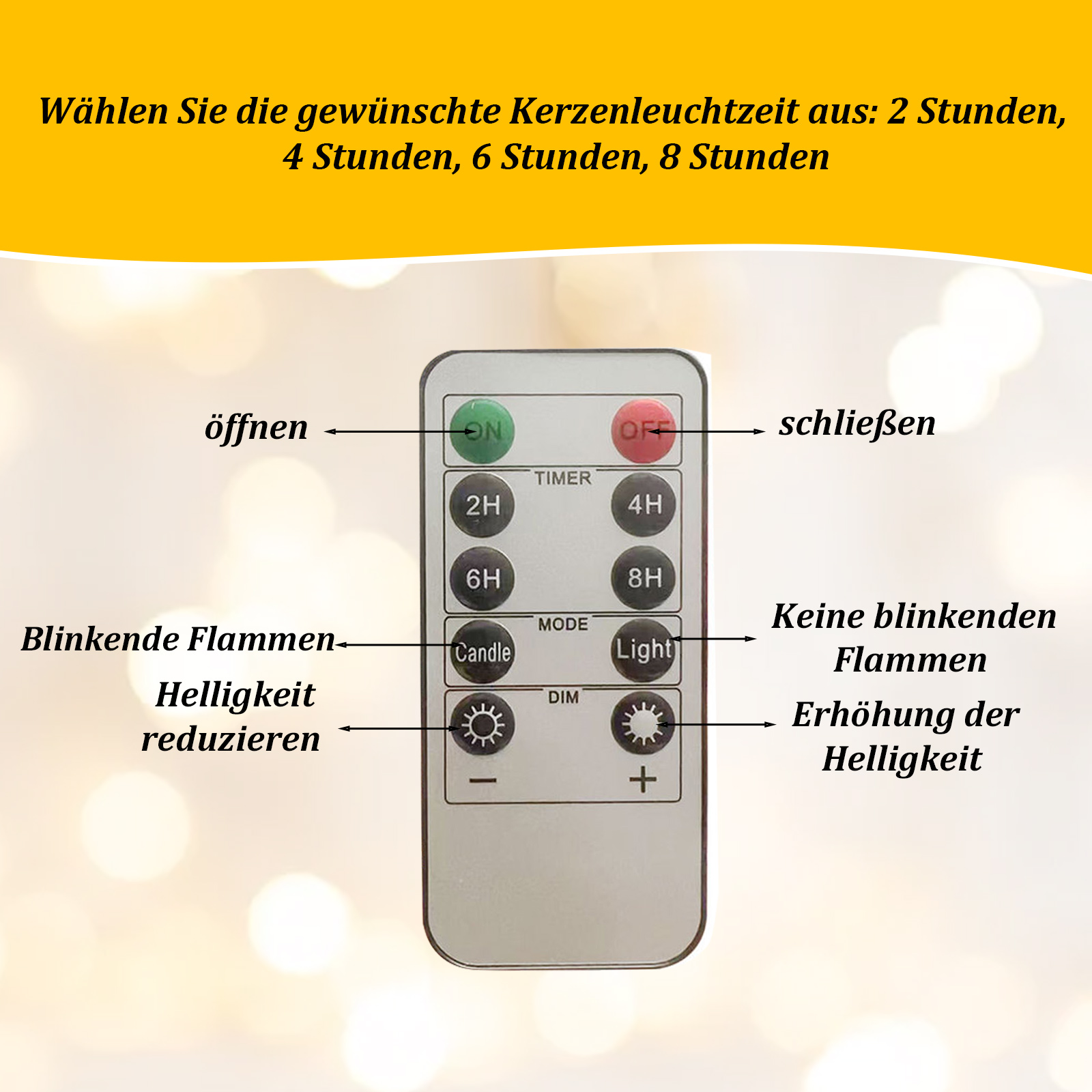 Eine Fernbedienung mit Tasten für Timer, Kerzenmodus, Lichtmodus und Helligkeitsanpassung.