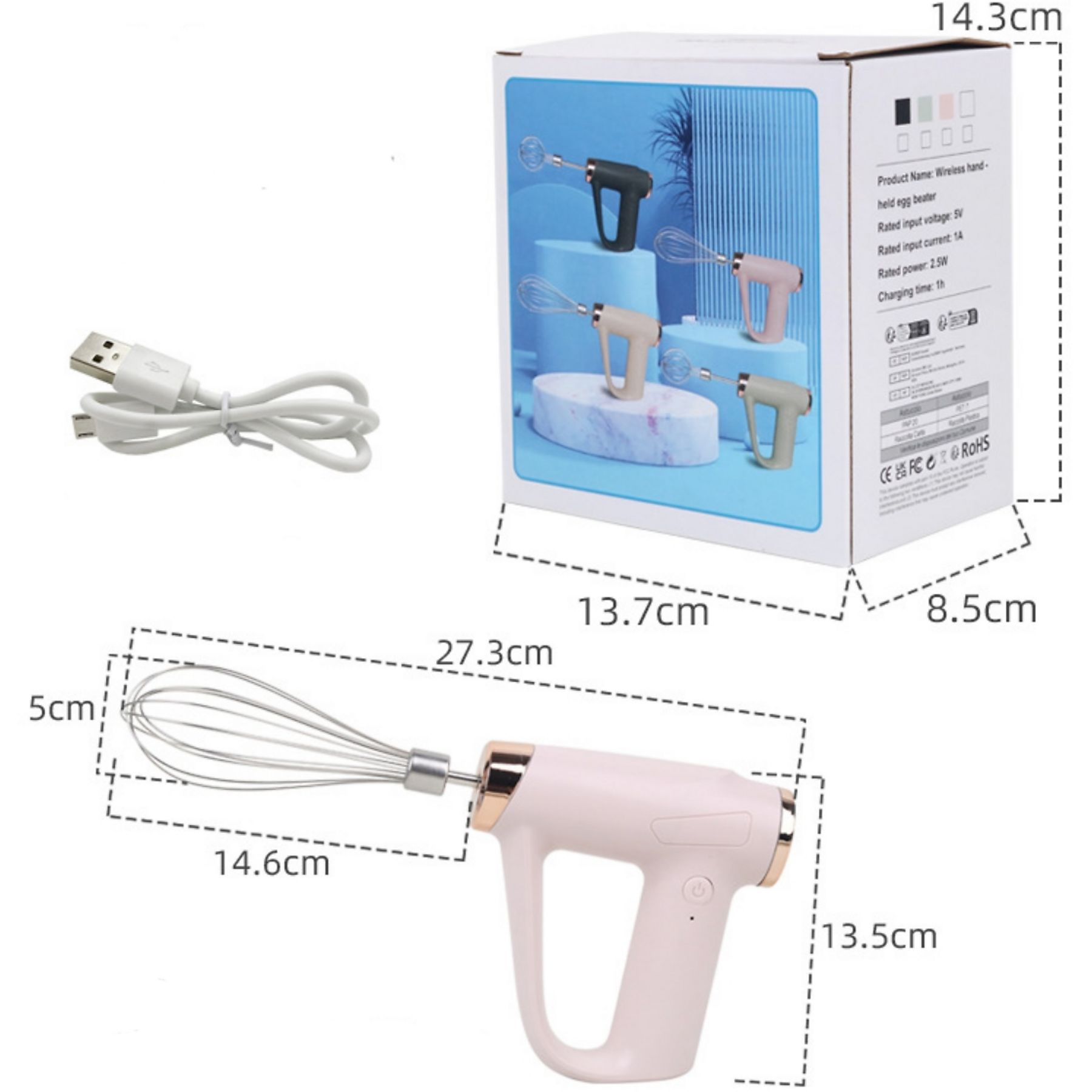Ein weißes USB-Kabel, eine Schachtel mit einem kabellosen Eierschläger und ein rosa Eierschläger. Maße sind angegeben.