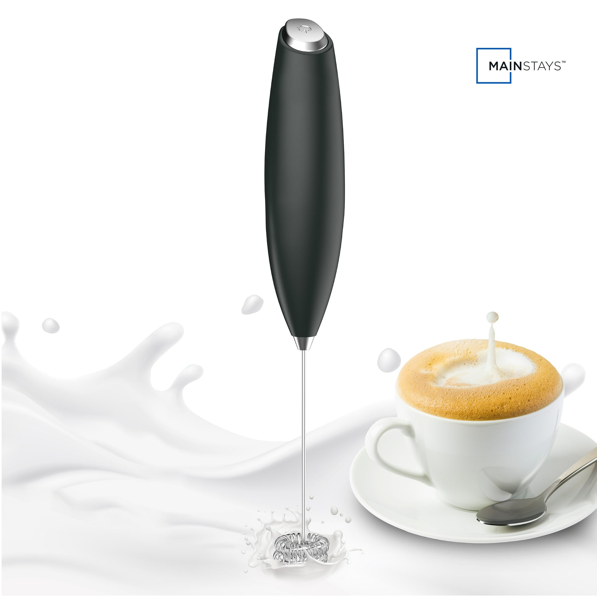 Ein Milchaufschäumer mit Kaffeetasse, Milchspritzer und Mainstays-Logo.