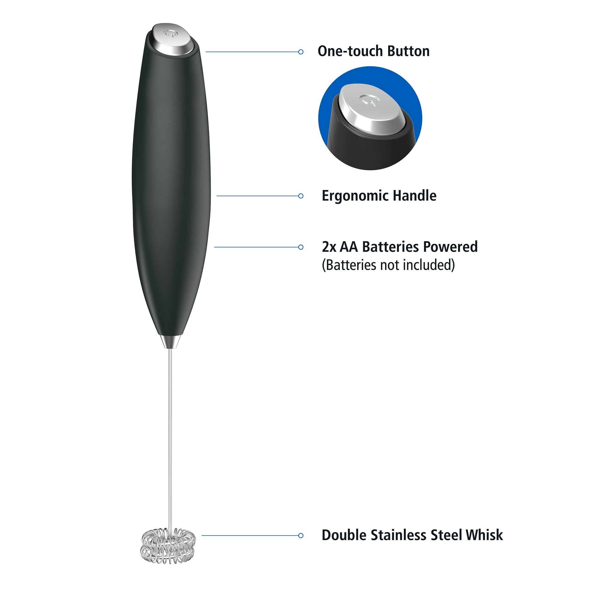 Ein schwarzer Milchaufschäumer mit einem silbernen Schneebesen. Merkmale sind eine One-Touch-Taste und ein ergonomischer Griff.