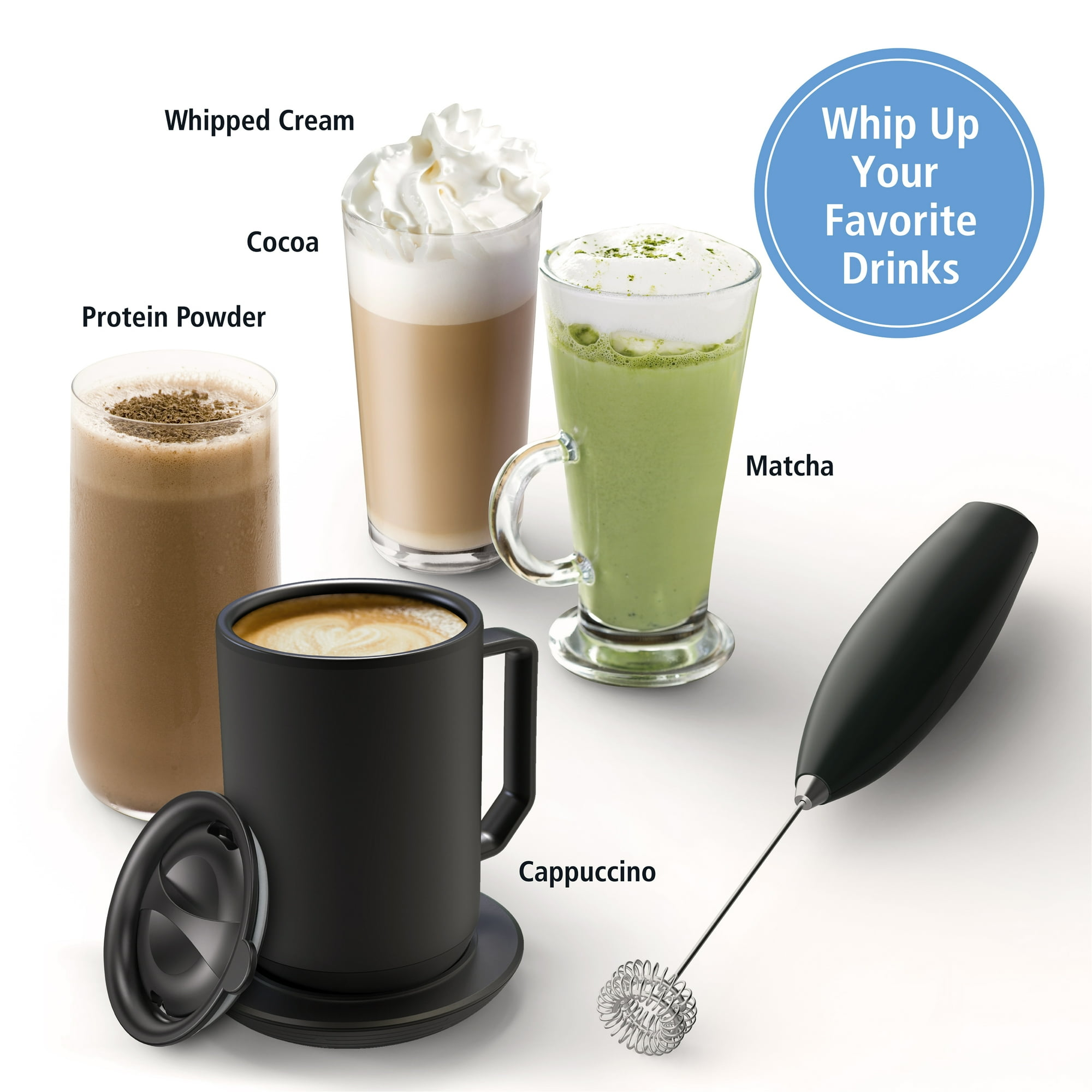 Das Bild zeigt Getränke: Proteinpulver, Kakao, Cappuccino und Matcha. Auf der rechten Seite befindet sich ein Milchaufschäumer. Schlagsahne oben.