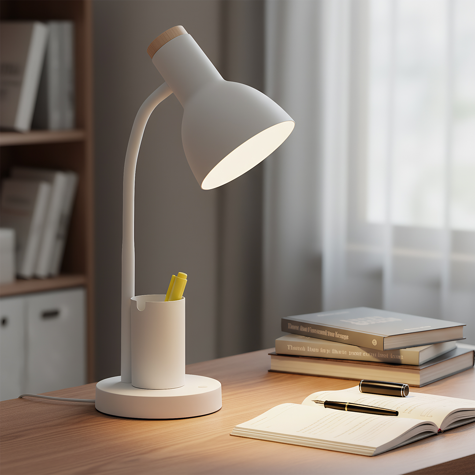 Eine weiße Schreibtischlampe mit Holzaufsatz. Gelbe Stifte stecken in einem Becher. Bücher und ein Notizbuch mit Stift liegen auf dem Schreibtisch.