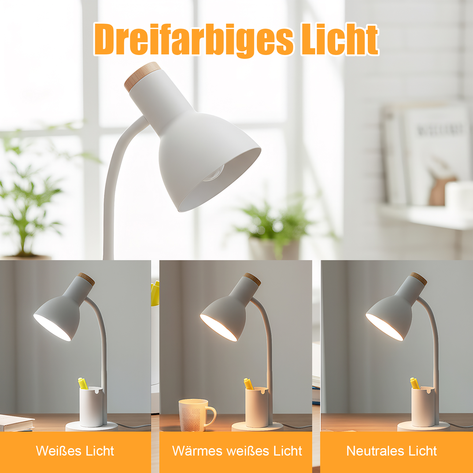 Eine weiße Schreibtischlampe mit Holzaufsatz. Darunter zeigen drei Bilder die Lampe mit verschiedenen Lichteinstellungen.
