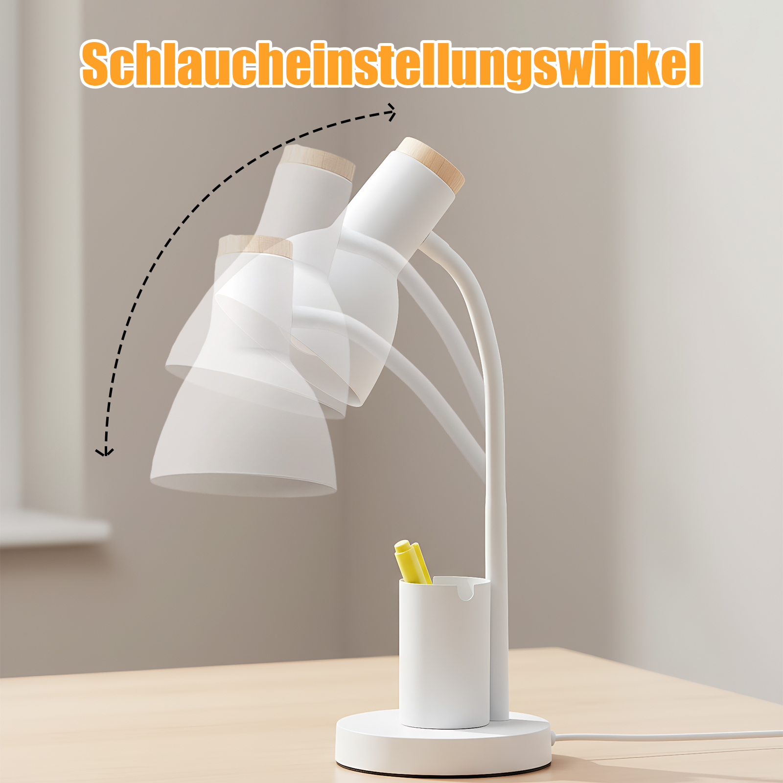 Eine weiße Schreibtischlampe mit Holzaufsatz wird in verschiedenen Positionen gezeigt, mit einem gelben Stift in der Basis.