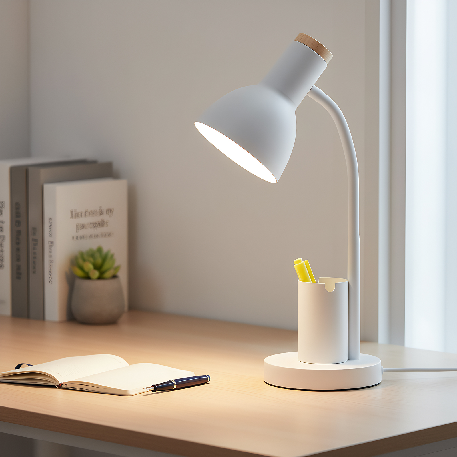 Eine weiße Schreibtischlampe beleuchtet einen Schreibtisch mit Notizbuch, Stift und Stifthalter mit gelben Stiften.