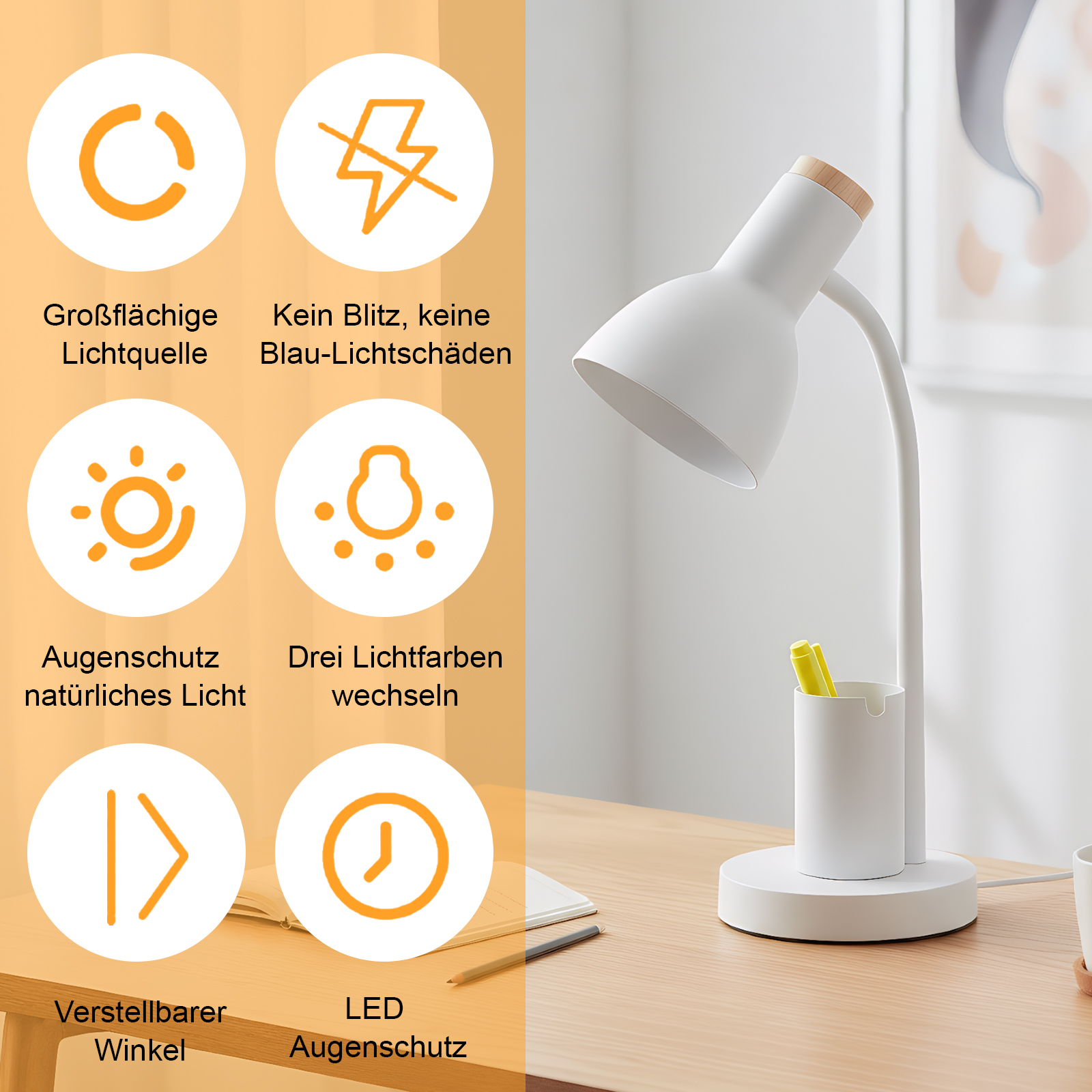 Eine weiße Schreibtischlampe mit Holzaufsatz steht auf einem Holztisch. Gelbe Stifte befinden sich in einem weißen Halter. Text auf Deutsch.