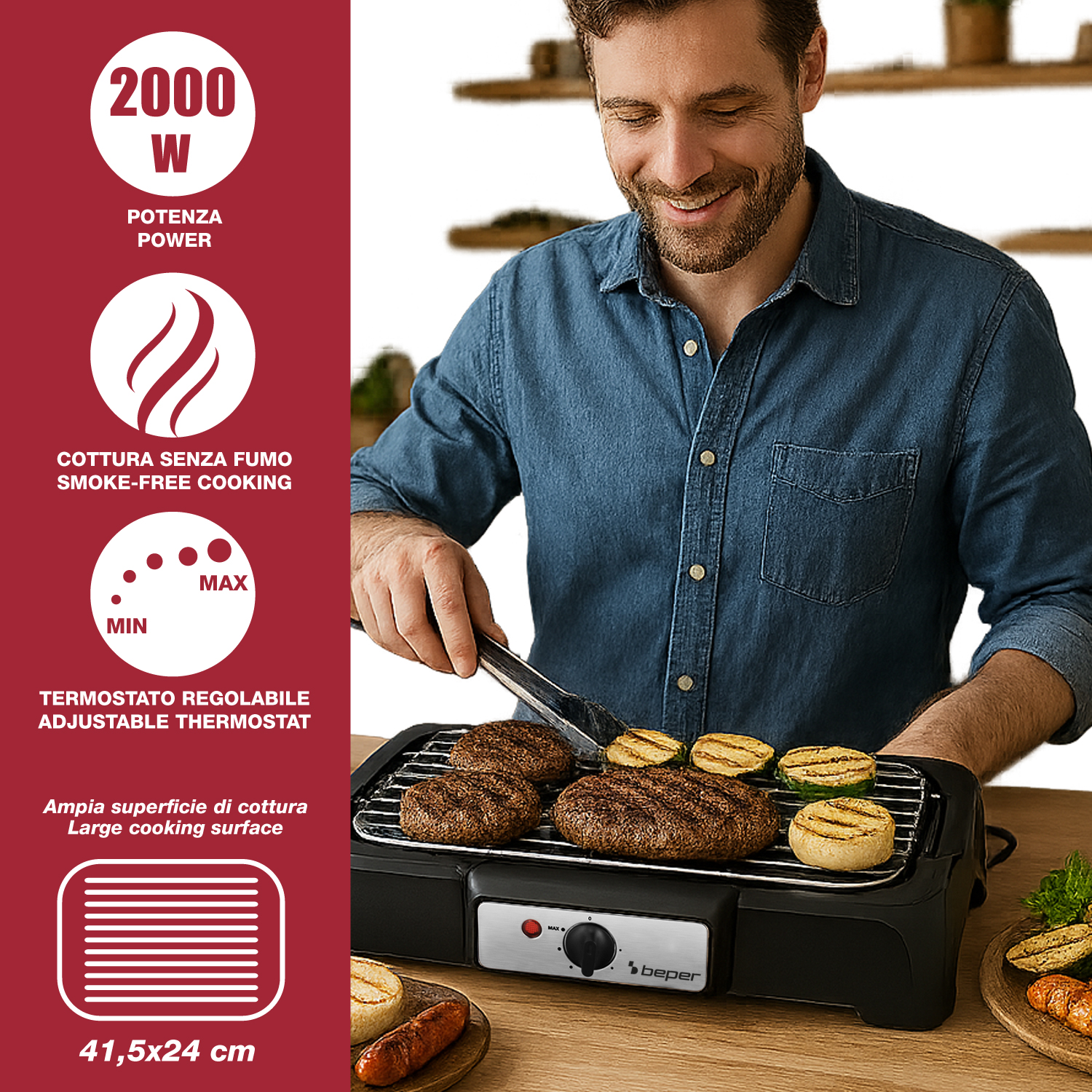 Un uomo griglia cibo, tra cui hamburger e verdure, su una griglia elettrica. La griglia è su una superficie di legno.
