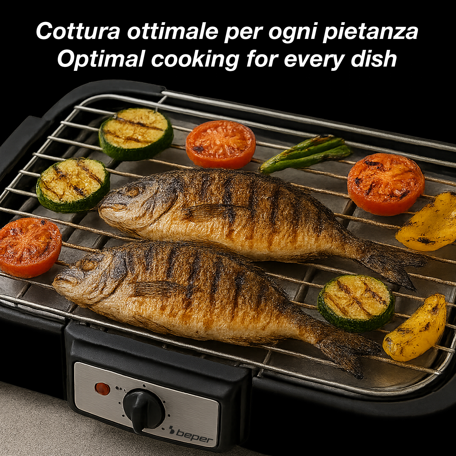 Pesce e verdure grigliate su una griglia. Include pomodori, zucchine, peperoni. Sfondo nero con testo: Cottura ottimale per ogni piatto.