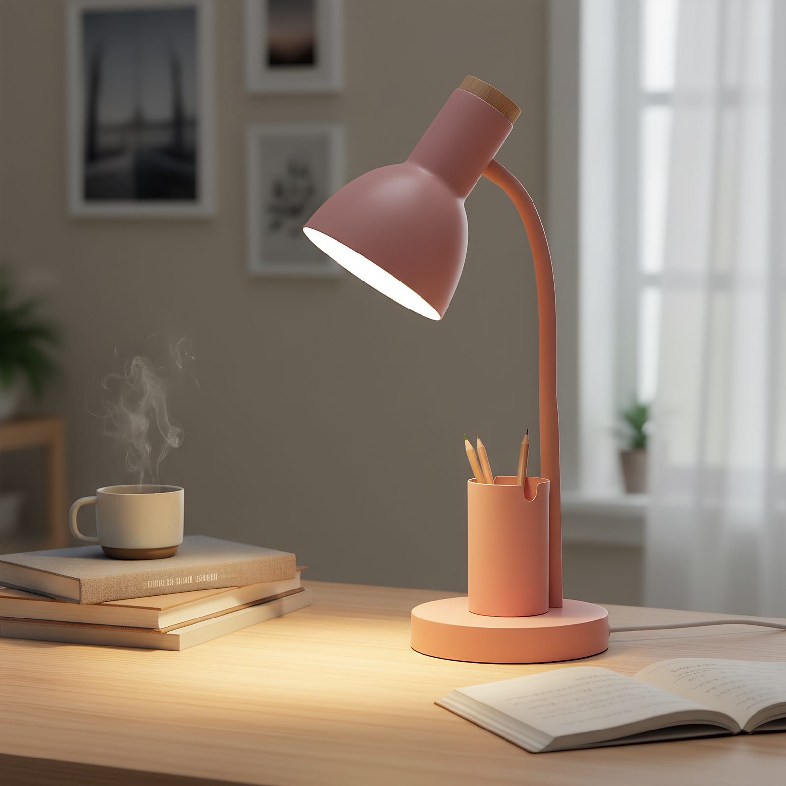 Ein Schreibtisch mit rosa Lampe, Kaffeetasse, Bleistiften und offenem Buch. Weiches Licht beleuchtet die Szene.