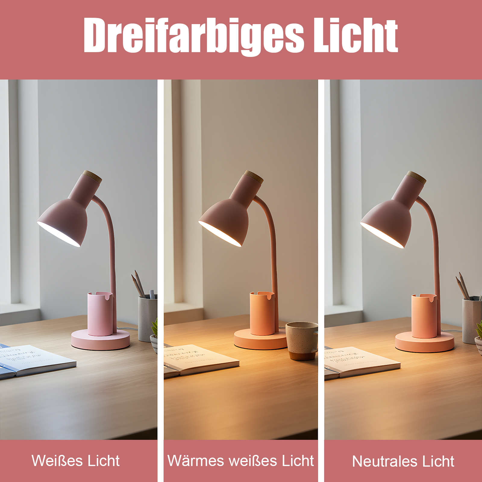 Drei Lampen auf einem Holztisch. Jede Lampe zeigt eine andere Lichtfarbe. Oben steht 'Dreifarbiges Licht'.