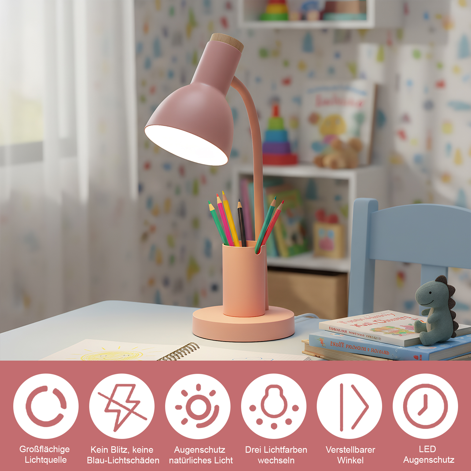 Eine rosa Schreibtischlampe beleuchtet einen Schreibtisch mit Stiften, Büchern und einem Spielzeug-Dinosaurier.