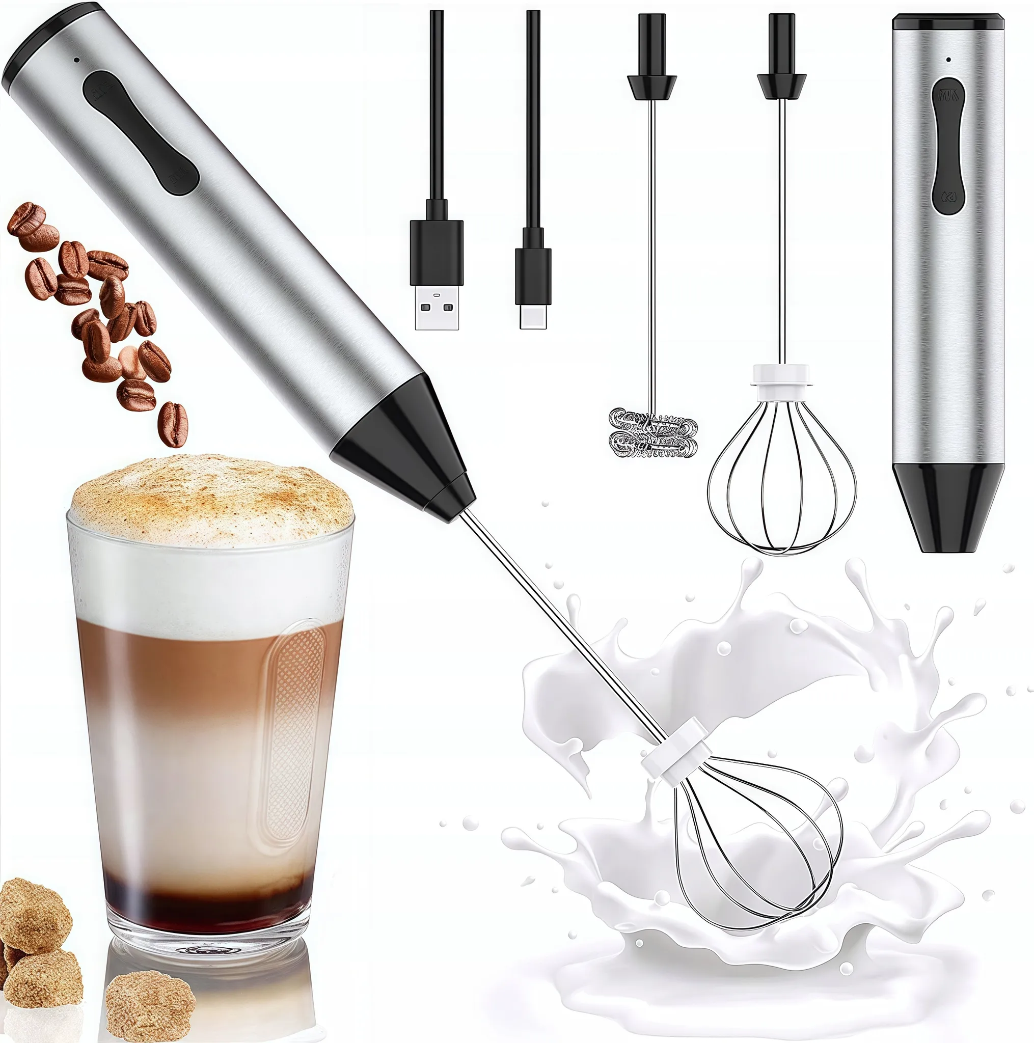 Ein Milchaufschäumer mit Aufsätzen, Kaffeebohnen, Latte Macchiato und Zuckerwürfeln. Milchspritzer und Ladekabel sind sichtbar.