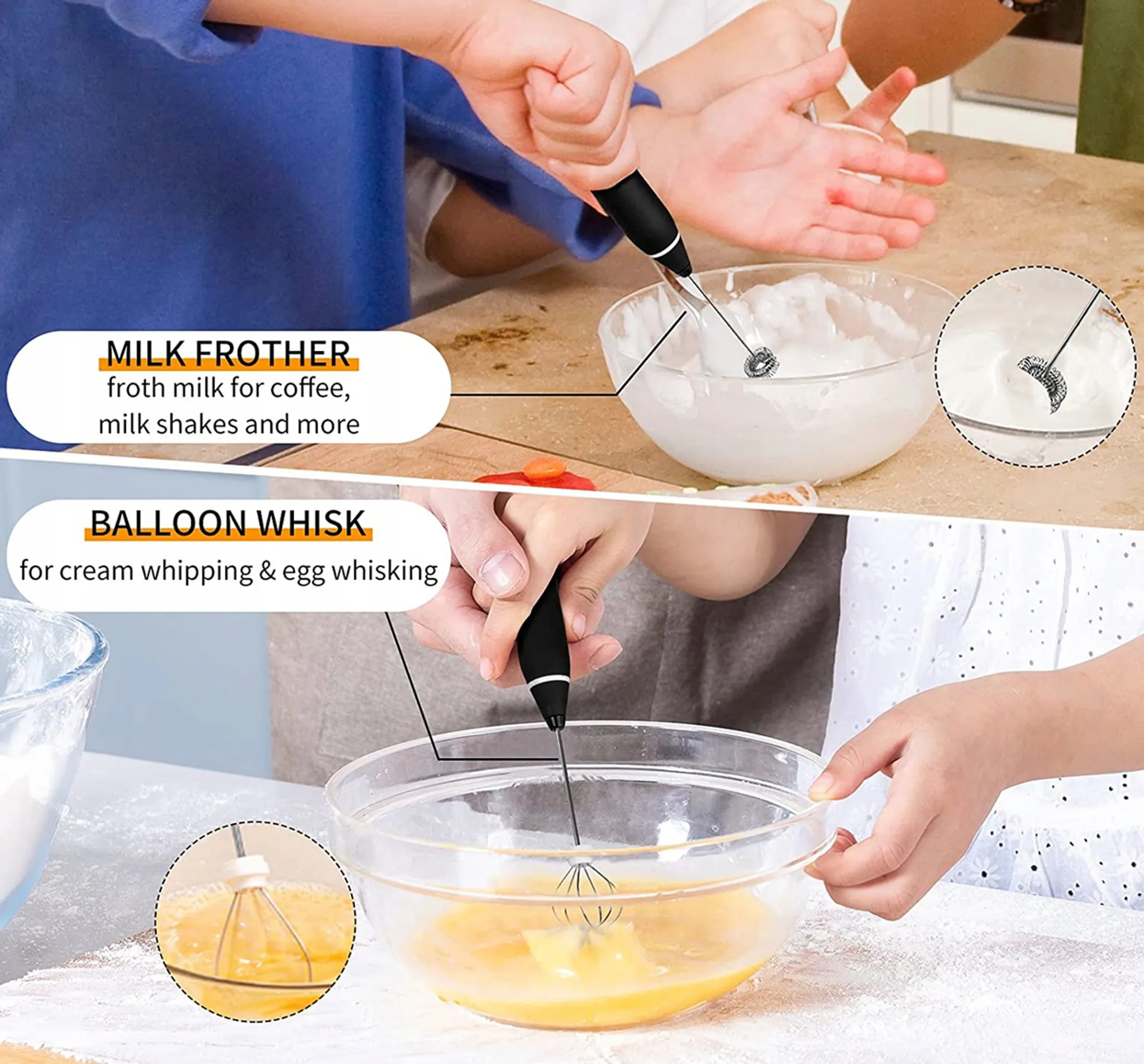 Hände benutzen Aufschäumer und Schneebesen. Milch und Eier in Schüsseln. Text erwähnt Milchaufschäumer und Schneebesen.