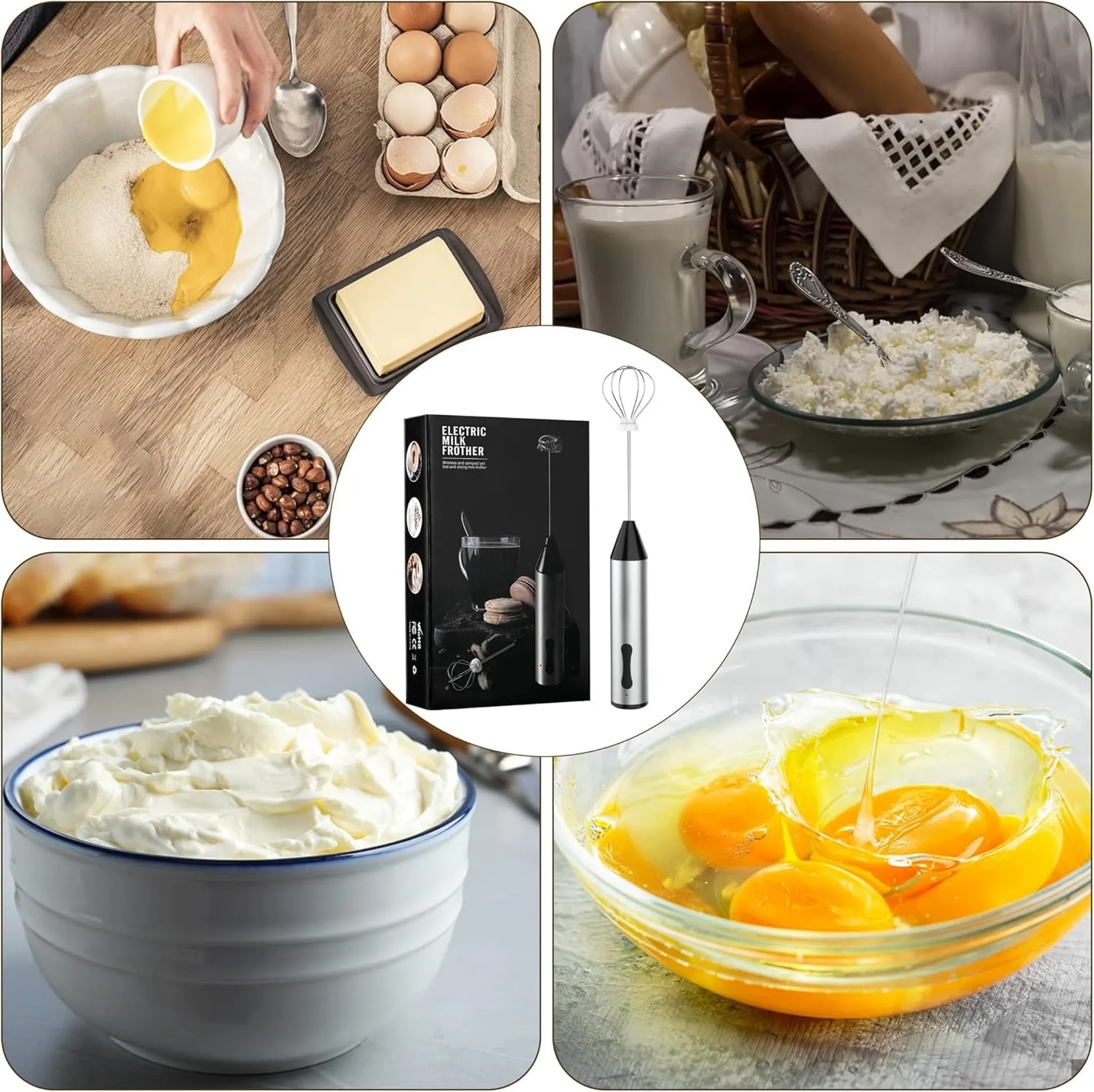 Eine Collage, die Zutaten wie Eier, Sahne, Butter, Milch und Haselnüsse zeigt. Auch ein Milchaufschäumer ist vorhanden.