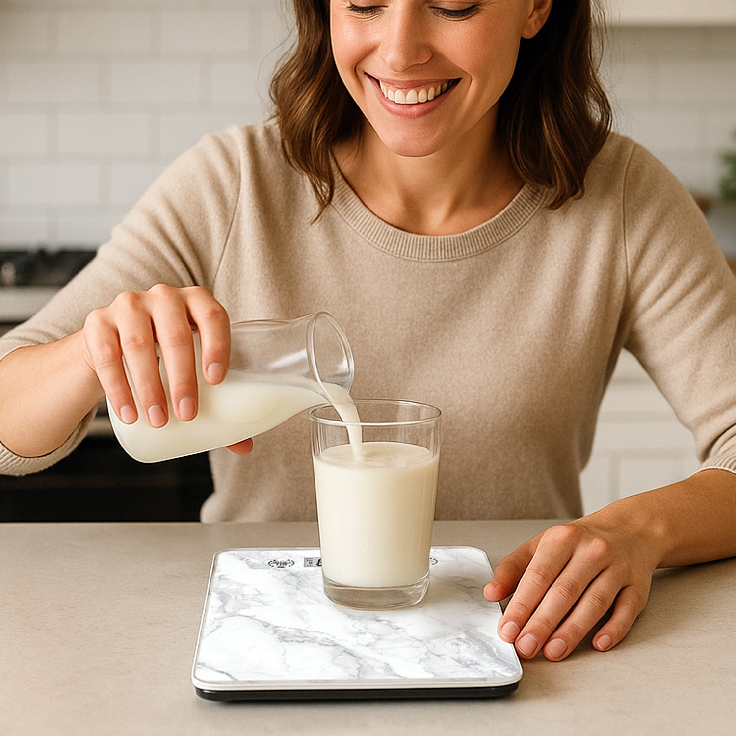 Una donna sorride, versando latte da una brocca di vetro in un bicchiere su una bilancia con motivo marmoreo.