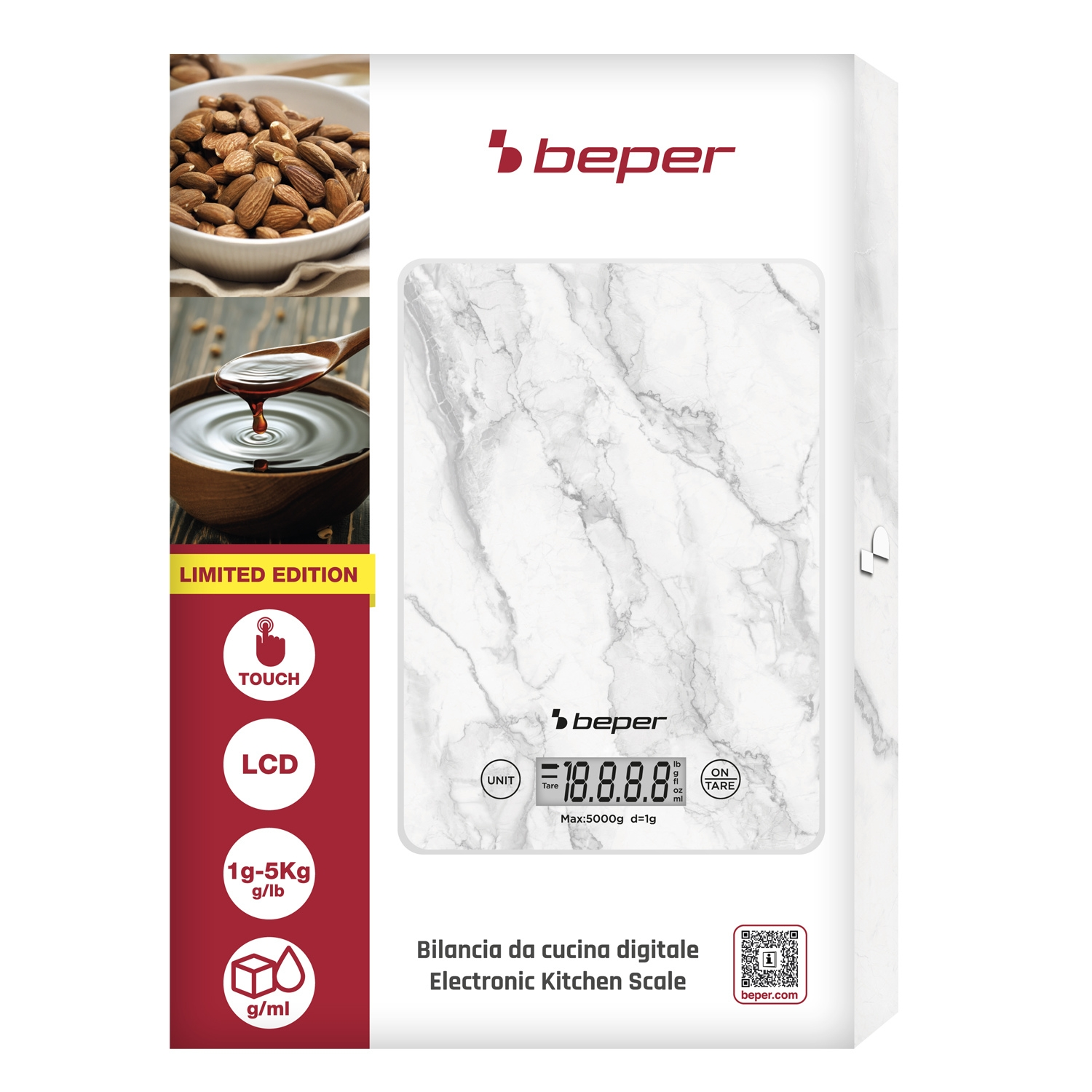 Una scatola di bilancia da cucina bianca e grigia con immagini di mandorle e sciroppo. Logo del marchio Beper. Display digitale e funzionalità touch evidenziate.