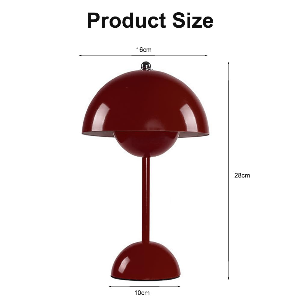 Eine burgunderfarbene Lampe mit rundem Schirm und Fuß sowie einem schlanken Stiel. Abmessungen: 16cm Breite, 28cm Höhe und 10cm Fuß.