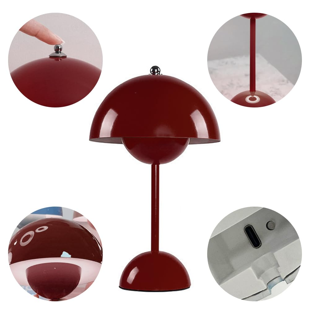 Eine maroonfarbene, pilzförmige Lampe mit silbernem Knopf. Sie hat einen runden Fuß und einen Stiel. Mehrere Nahaufnahmen der Lampe sind gezeigt.