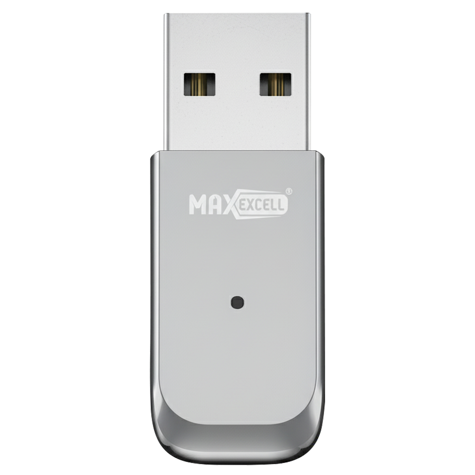 Una unidad USB plateada con la marca MAX EXCELL. Tiene un cuerpo metálico y un conector USB.