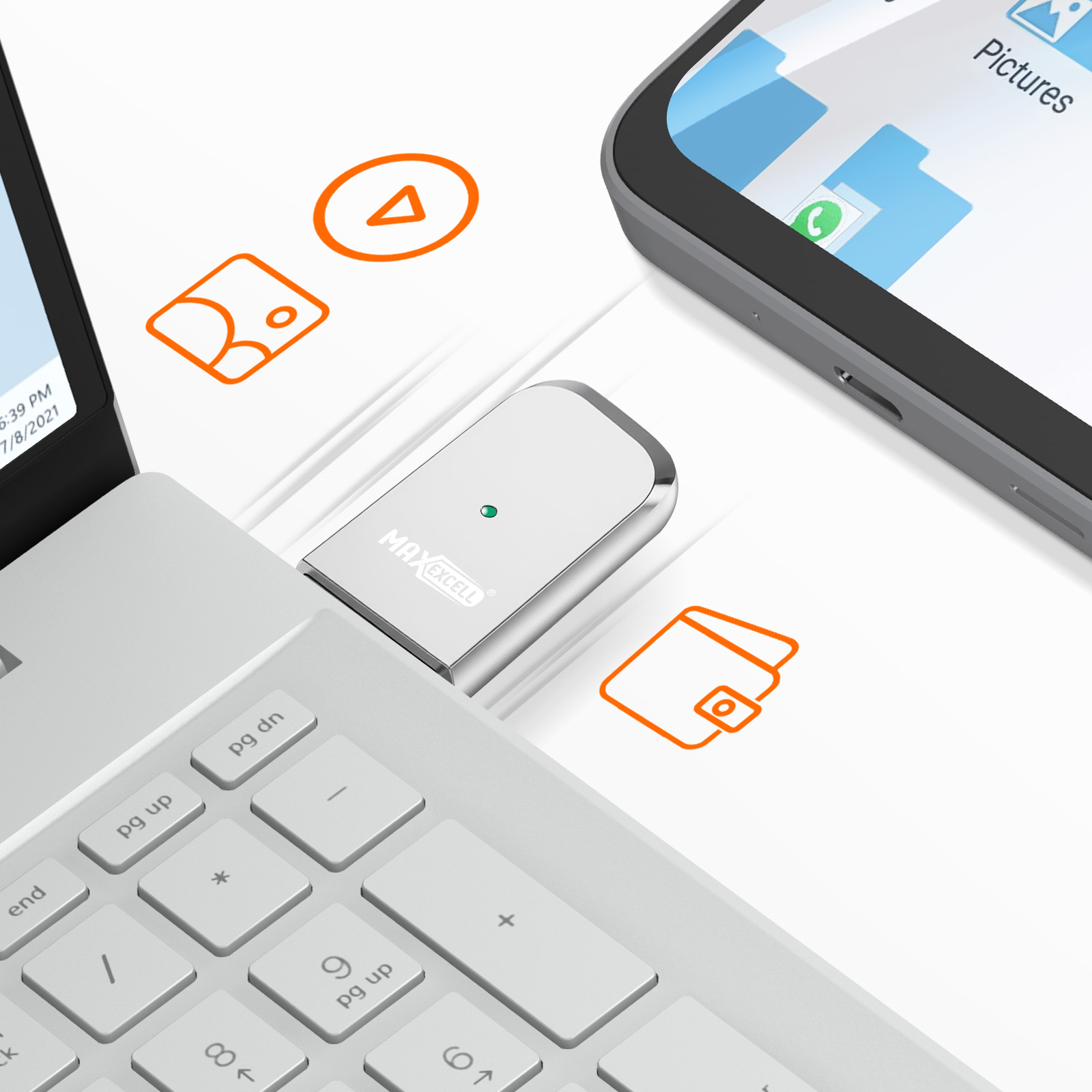 Ordenador portátil, smartphone y una unidad USB conectados. Hay iconos de aplicaciones y una cartera. La escena está sobre una superficie blanca.