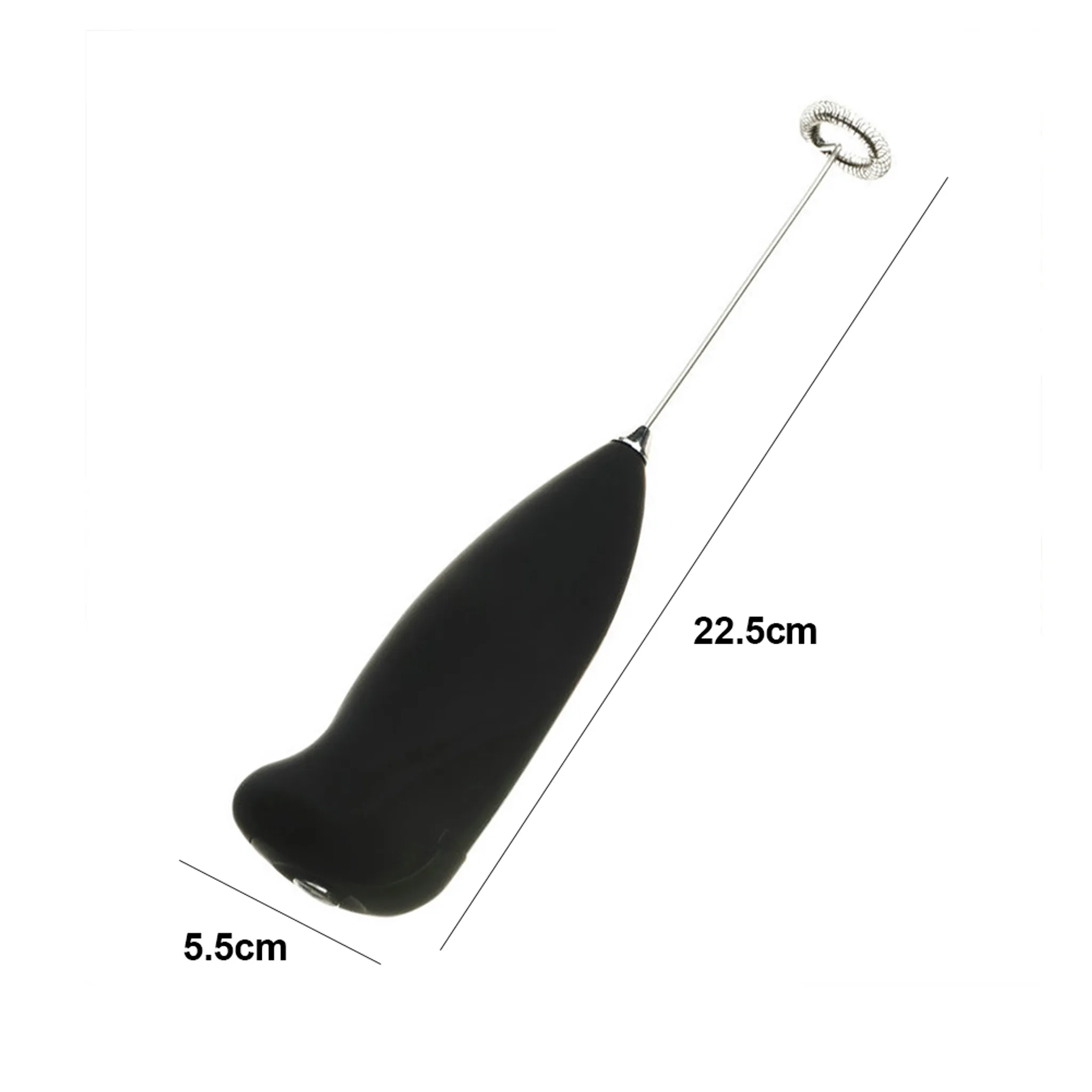 Ein schwarzer Handmilchaufschäumer. Abmessungen: 22,5 cm lang, 5,5 cm breit. Der Aufschäumer hat ein Quirlende.