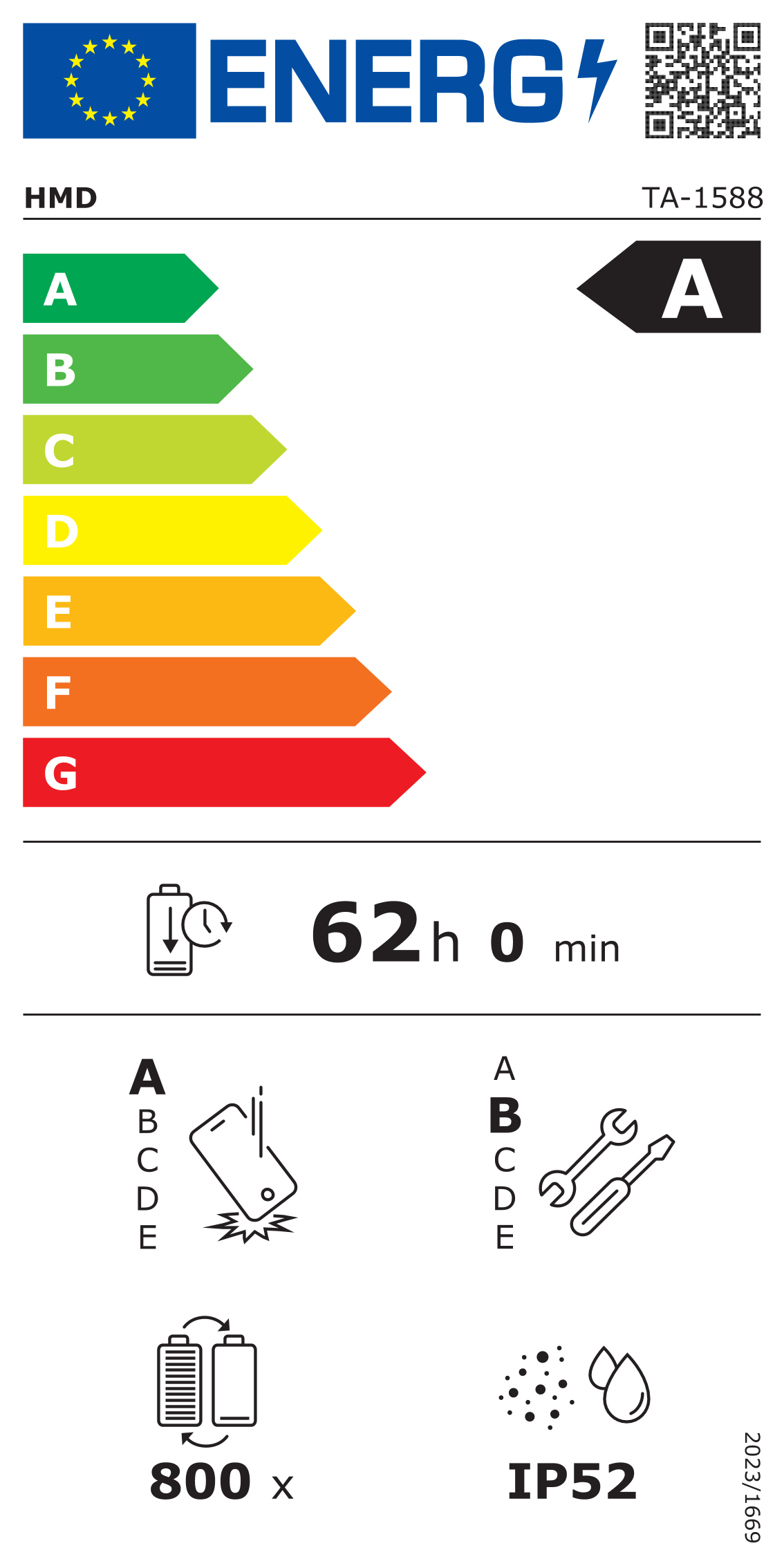 Energielabel mit Bewertung A. Zeigt die Akkulaufzeit von 62 Stunden 0 Minuten, zusammen mit Symbolen und technischen Details.