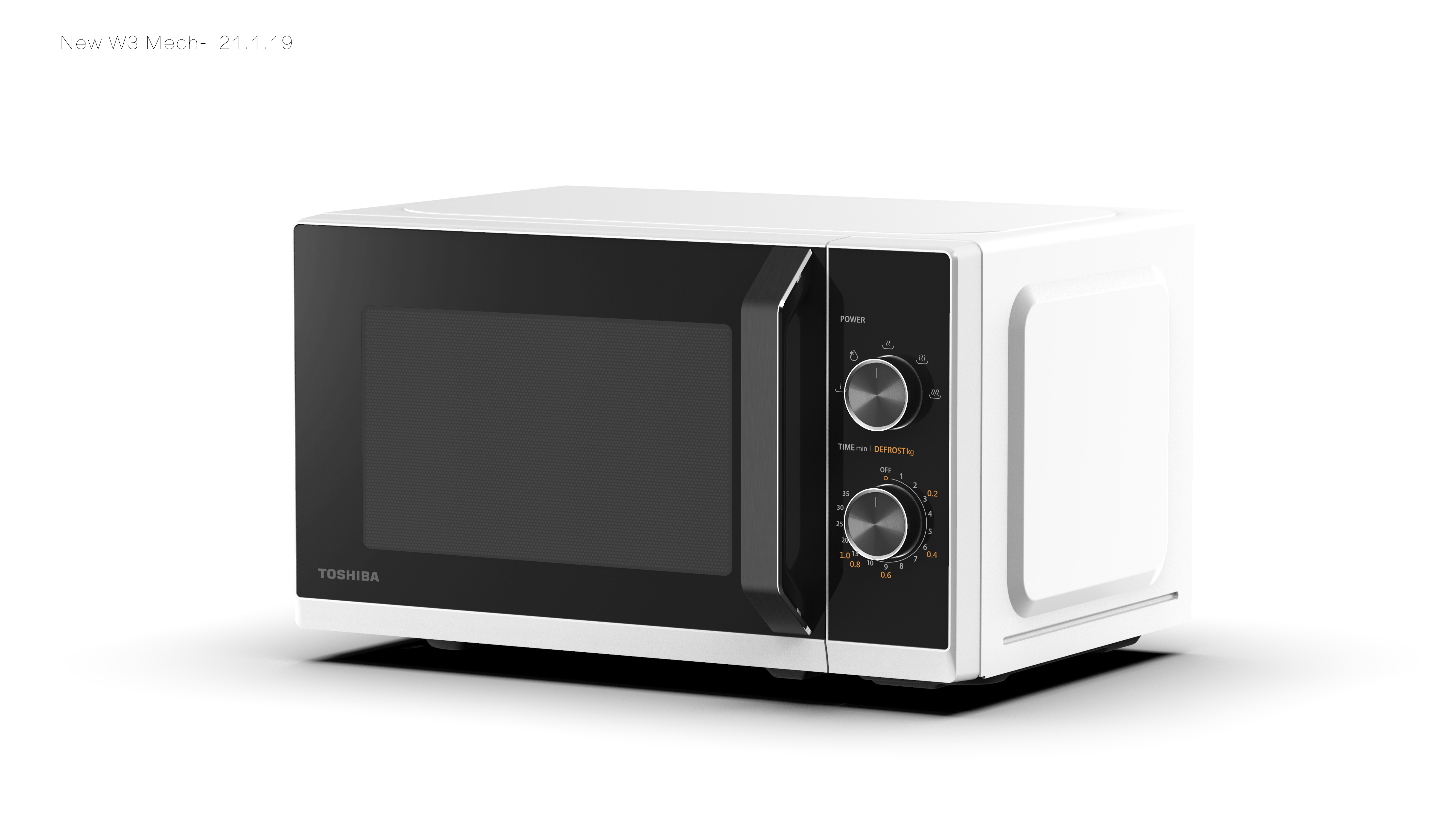 Un forno a microonde Toshiba bianco con porta e pannello di controllo neri. Il pannello ha un timer e impostazioni di alimentazione.
