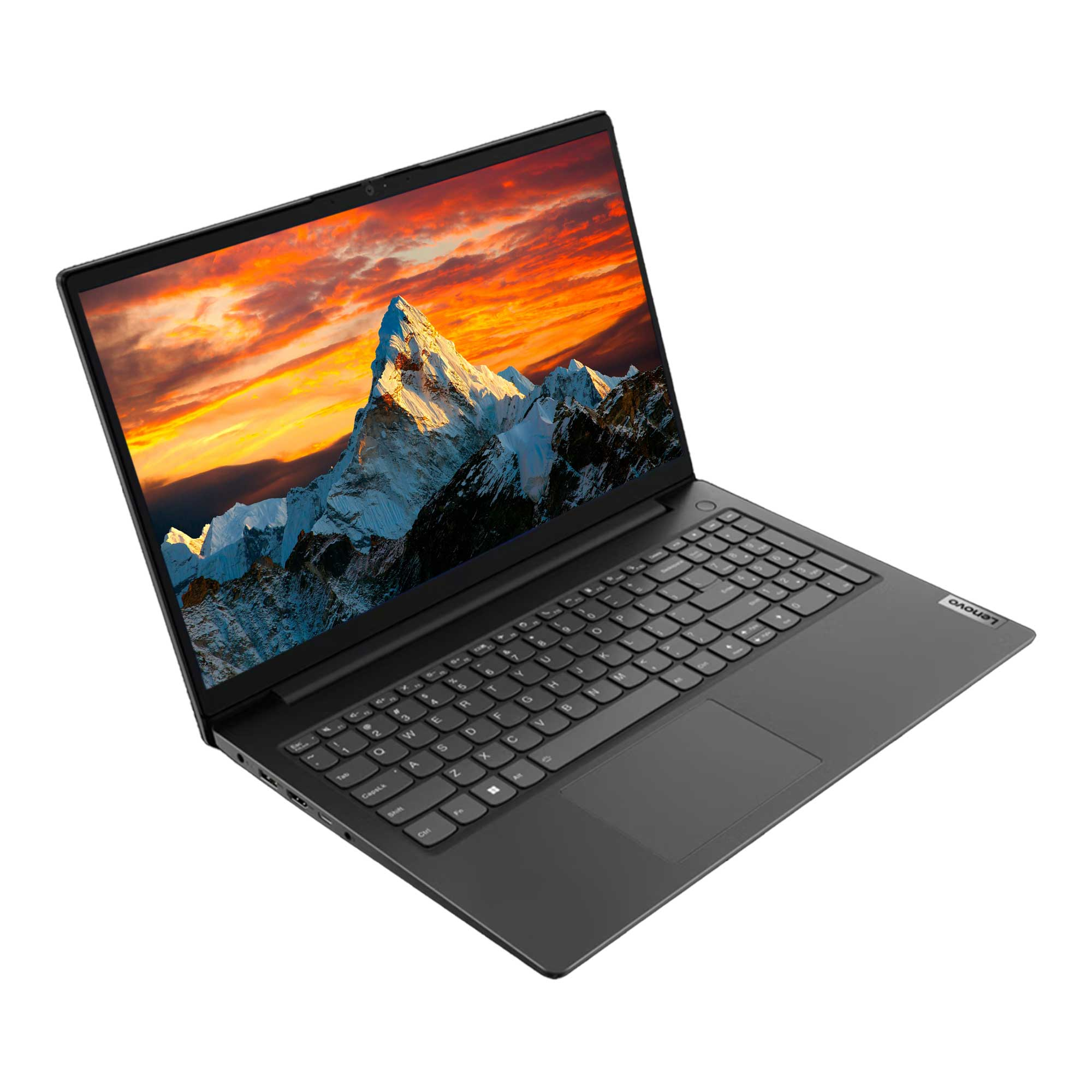 Dağ manzarası gösteren siyah Lenovo dizüstü bilgisayar. Klavye görülebilir. Arka plan beyazdır.