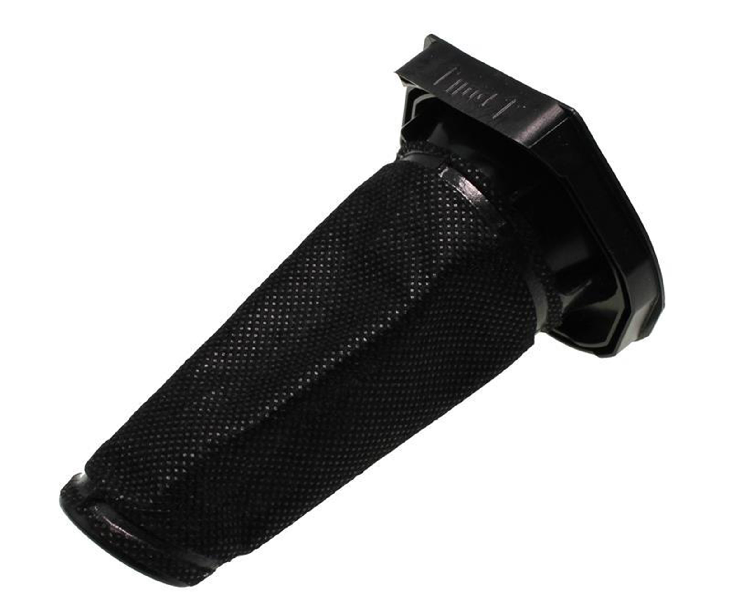 Ein schwarzer Motorrad-Handgriff mit strukturierter Oberfläche, vor weißem Hintergrund.