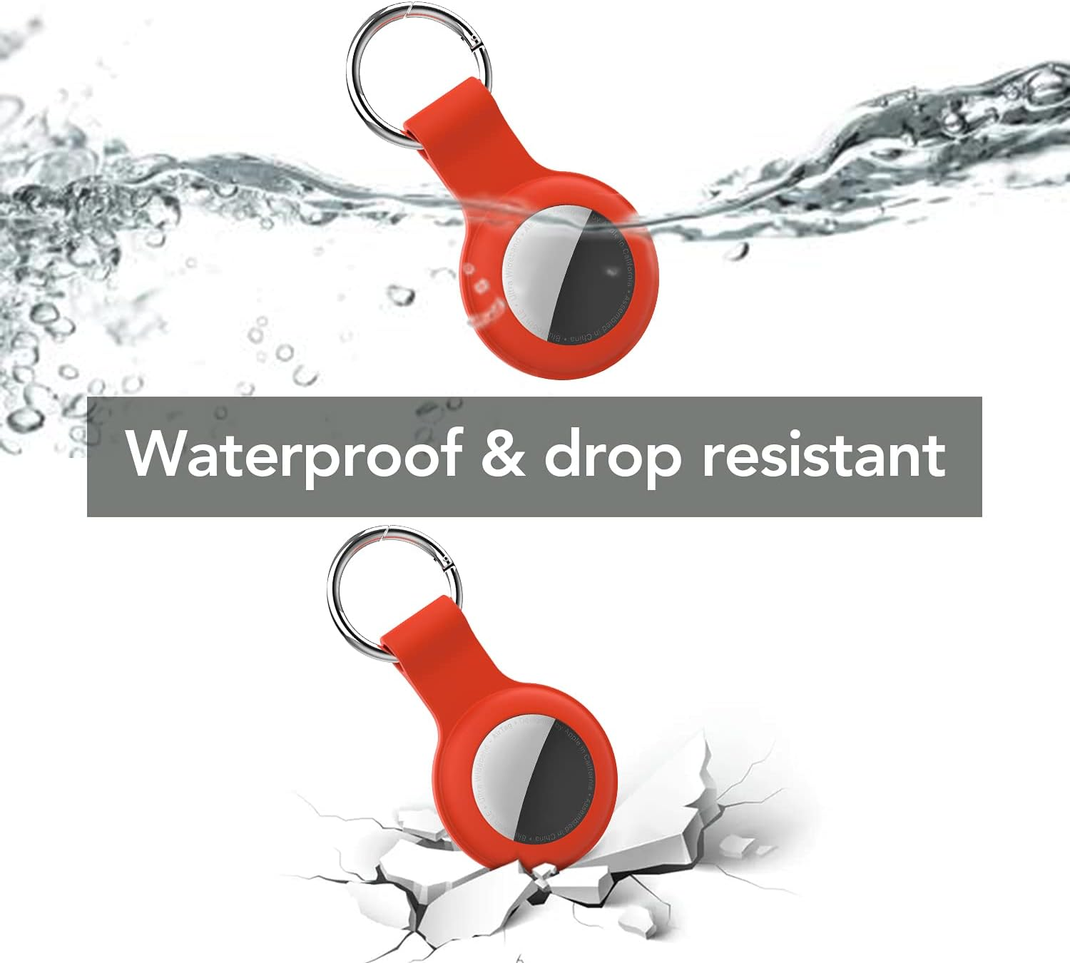 Zwei rote Schlüsselanhänger, einer im Wasser, einer auf rissigem Boden. Text: 'Waterproof & drop resistant'.