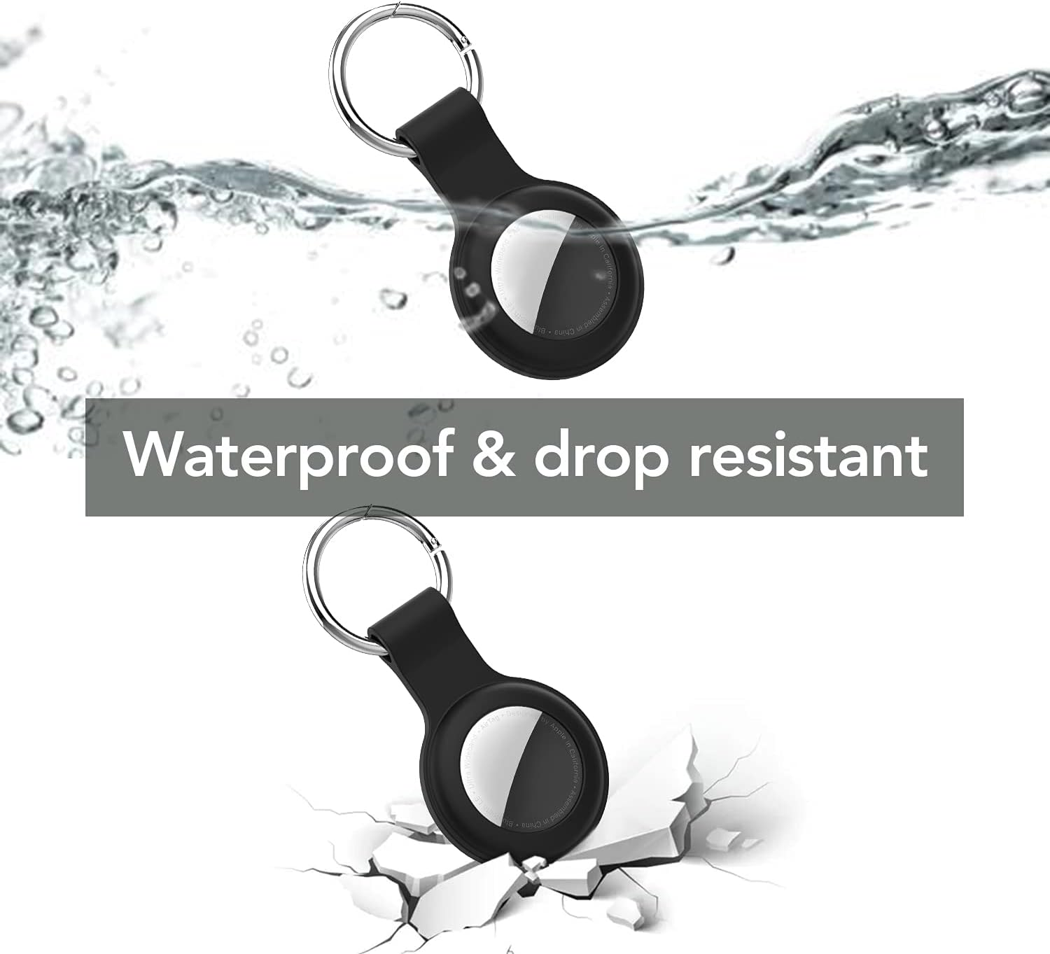 Zwei schwarze AirTags, einer im Wasser, einer auf zerbrochenem Boden, mit dem Text 'Waterproof & drop resistant'.