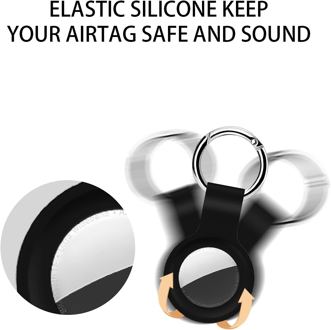 Schwarze AirTag-Hülle mit silbernem Schlüsselring, Text: 'ELASTIC SILICONE KEEP YOUR AIRTAG SAFE AND SOUND'.