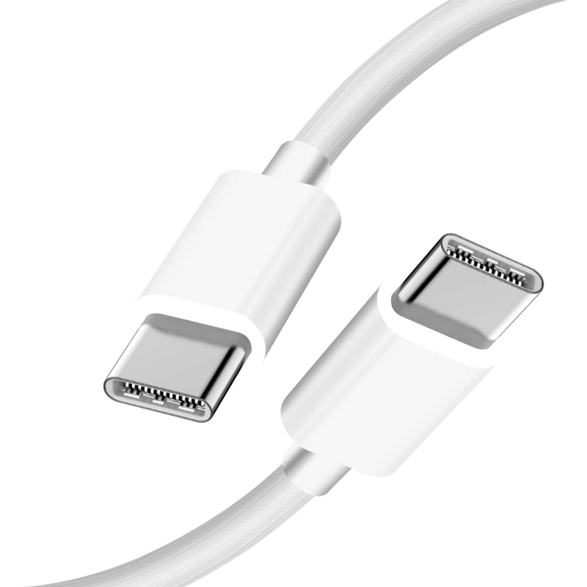 Nahaufnahme eines weißen USB-C-Kabels mit zwei Steckern. Das Kabel ist gebogen. Stecker sind Metall und weiß, mit kleinen Stiften.