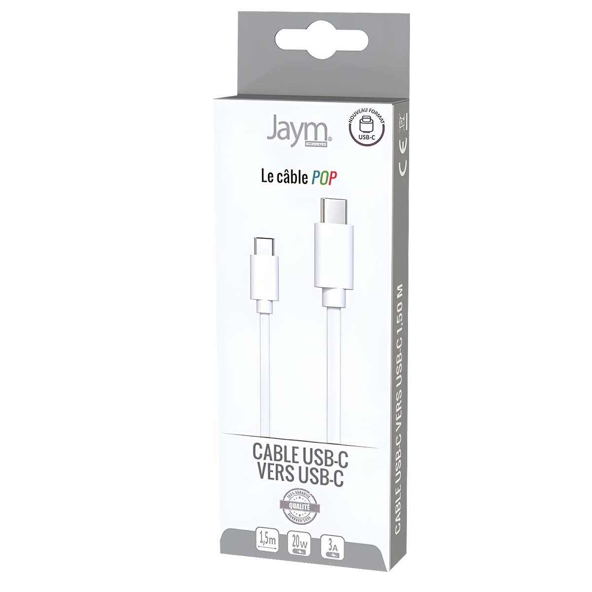 Ein weißes USB-C-Kabel in einer Box. Die Box hat Text auf Französisch und den Markennamen 'Jaym'. Das Kabel ist mit 'CABLE USB-C VERS USB-C' beschriftet.
