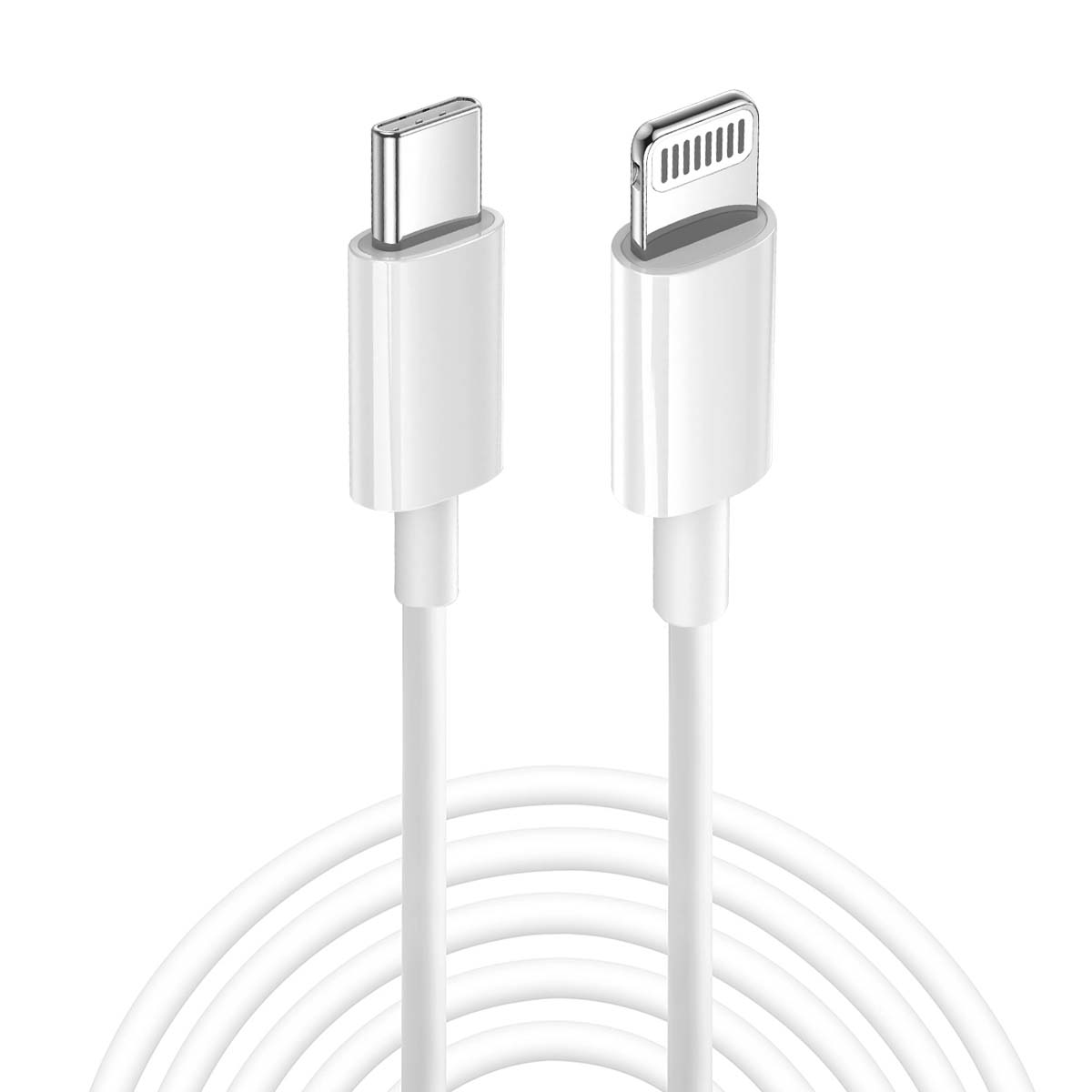 Un câble de charge blanc avec un connecteur USB-C et un connecteur Lightning. Le câble est enroulé, et le fond est blanc.