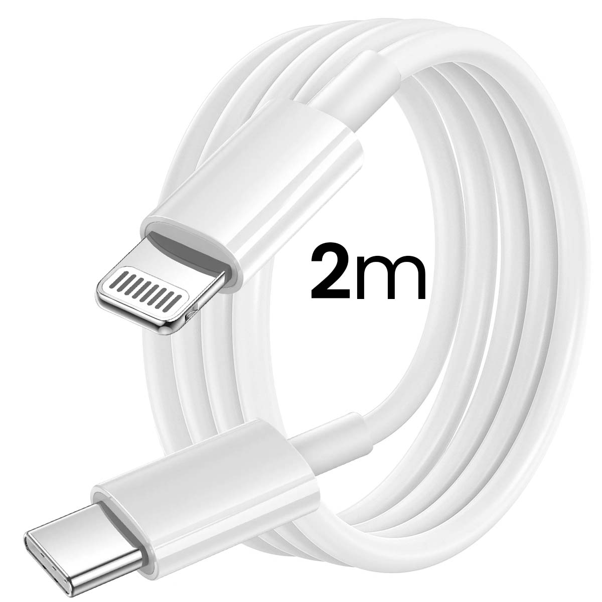 Un câble blanc USB-C vers Lightning. Le câble est enroulé, avec un connecteur Lightning et un connecteur USB-C. Le texte '2m' est affiché.