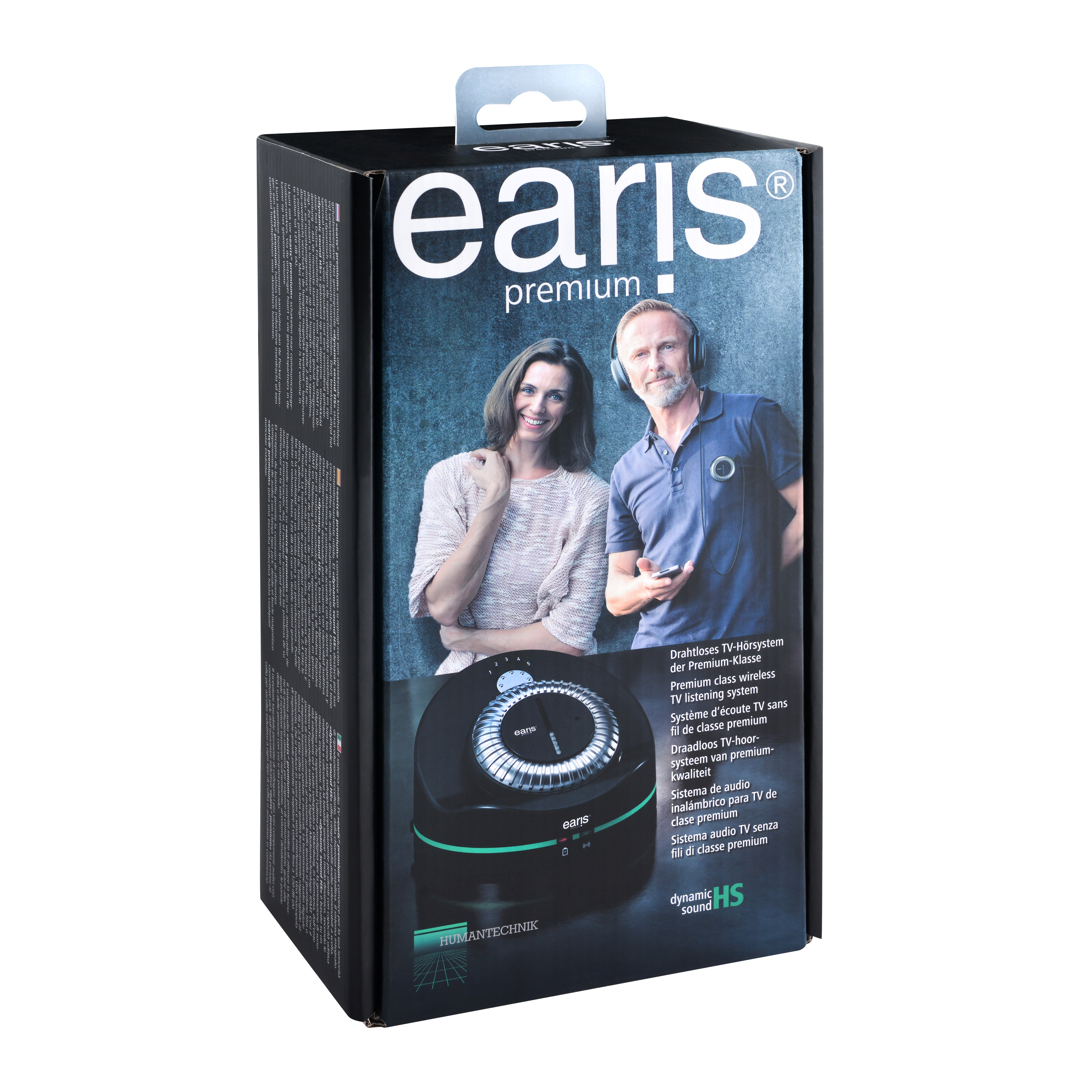 Schachtel mit 'earis premium'-Text, zwei Personen auf dem Cover und einem schwarzen Gerät. Weißer Hintergrund.