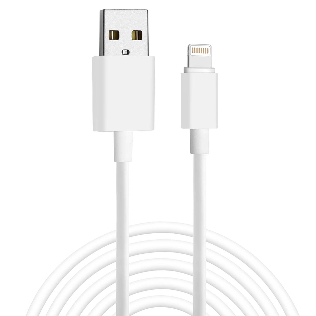 Un câble blanc USB vers Lightning. L'extrémité USB est rectangulaire, l'extrémité Lightning est plus petite avec des contacts métalliques.