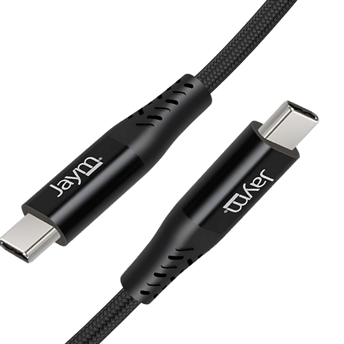 Zwei schwarze USB-C-Kabel mit der Aufschrift 'Jaym'. Kabel sind abgewinkelt und zeigen Stecker und geflochtene Kabelstruktur.