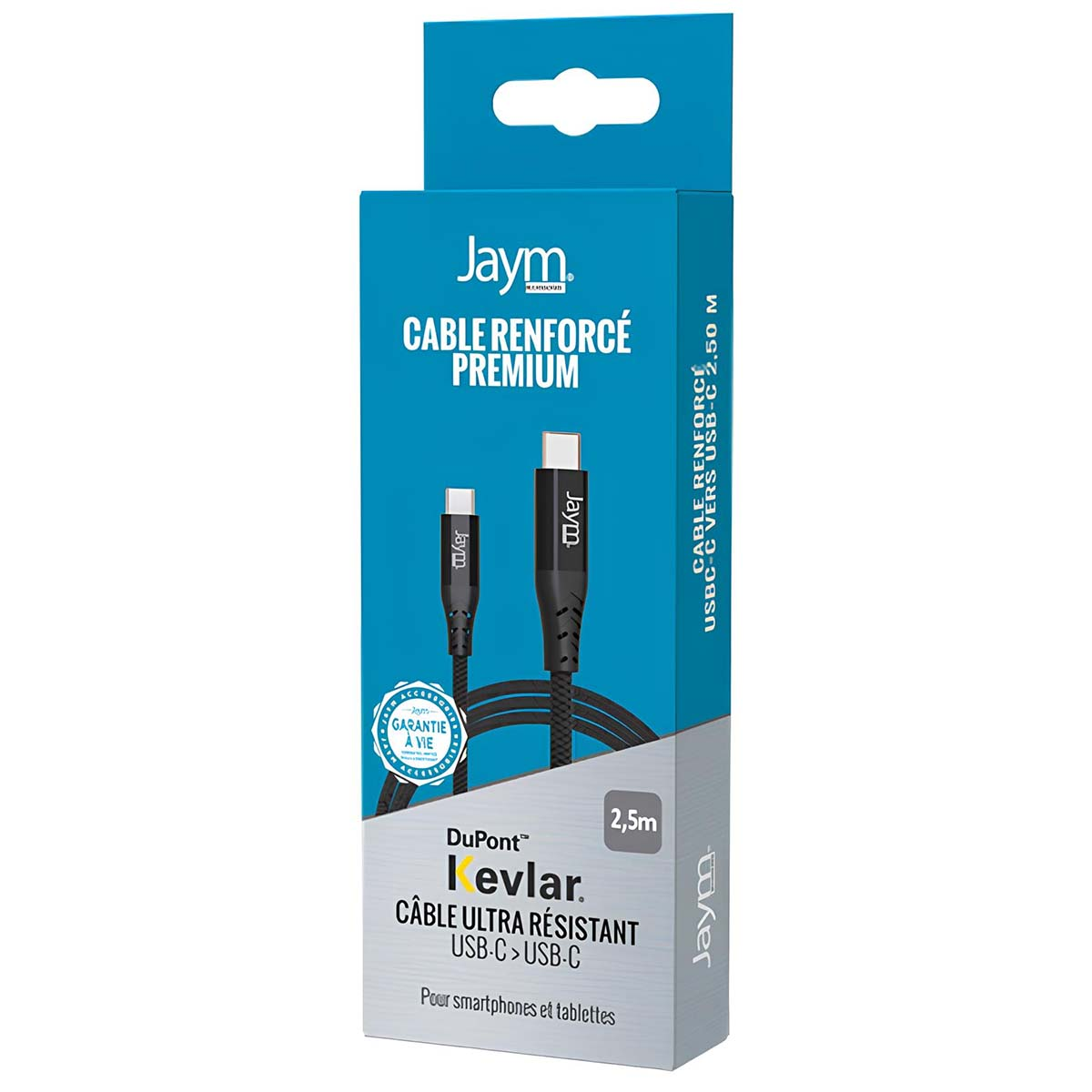 Eine Schachtel mit Jaym USB-C-Kabeln. Die Schachtel ist blau und weiß, mit dem Kabel und dem Markennamen.