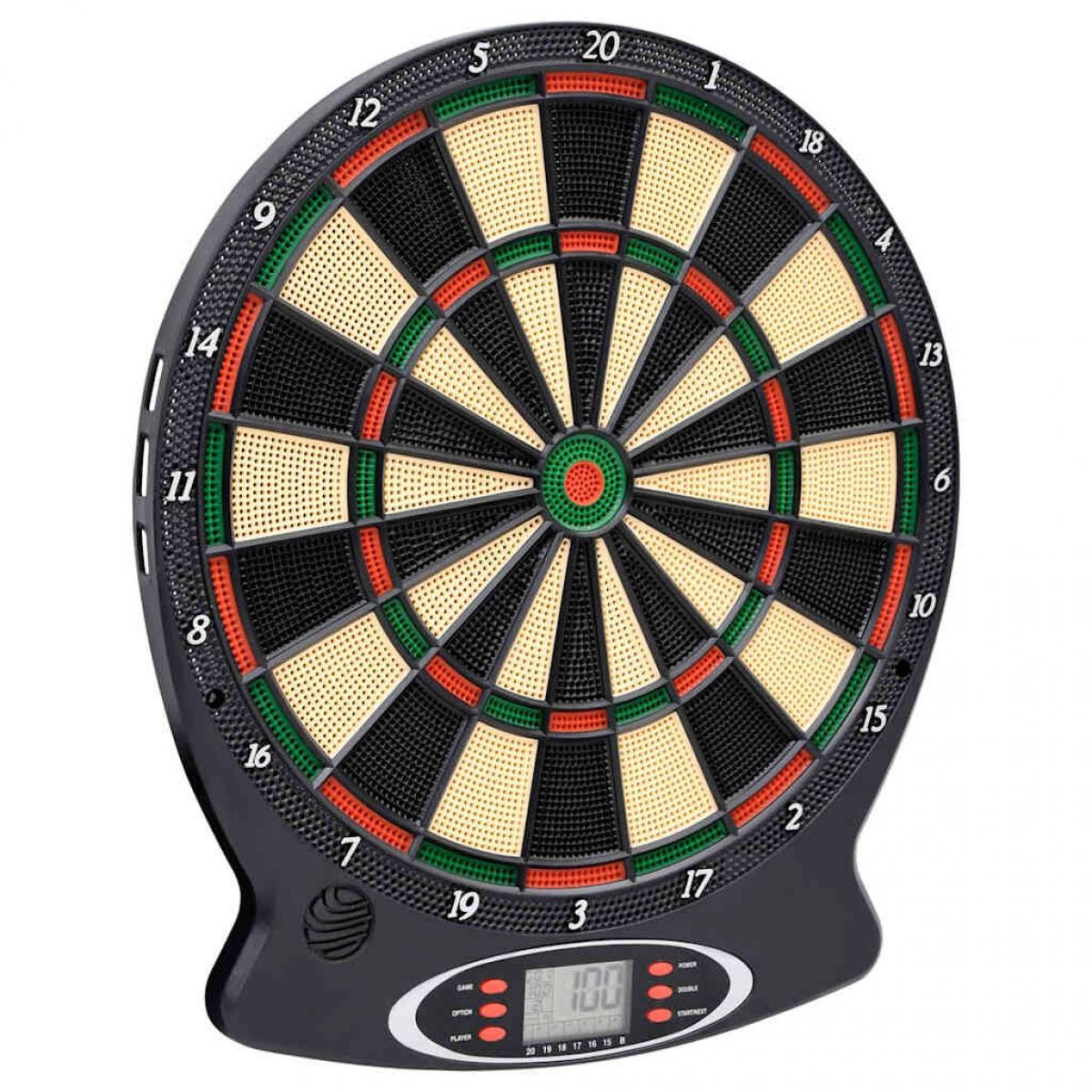 Eine Dartscheibe mit schwarzen, roten, grünen und beigefarbenen Abschnitten. Zahlen und eine Digitalanzeige sind sichtbar.