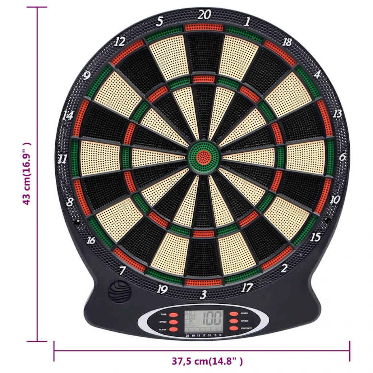 Eine runde elektronische Dartscheibe mit schwarzen, grünen, roten und beigen Abschnitten. Eine Digitalanzeige zeigt die Punktzahl an.