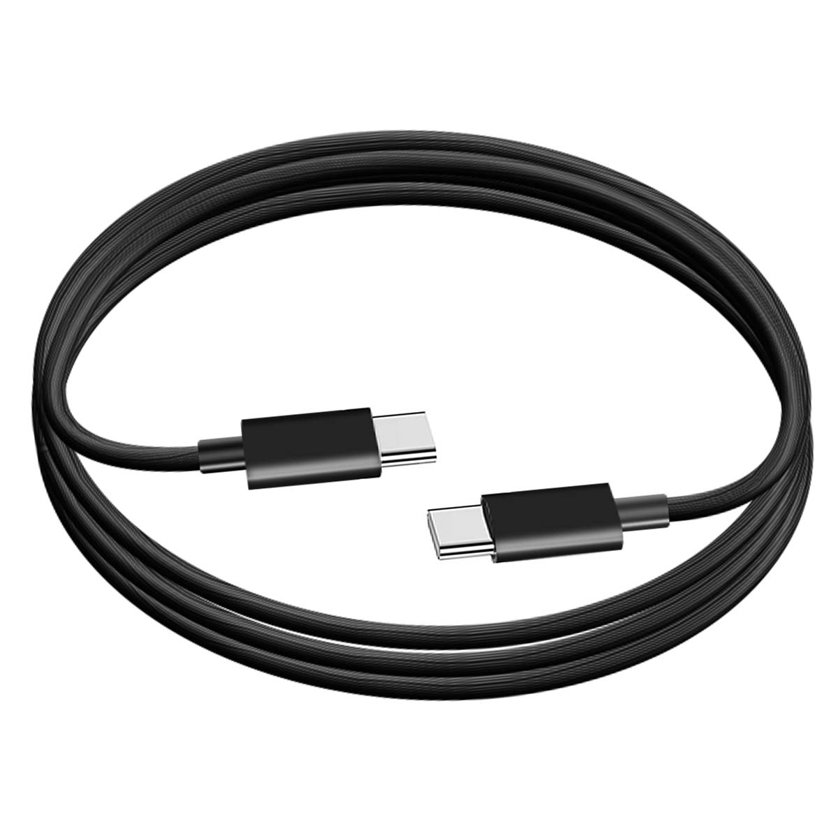 Un cavo USB-C nero arrotolato con due connettori. Un connettore è a sinistra, l'altro a destra. Entrambi sono argentati.