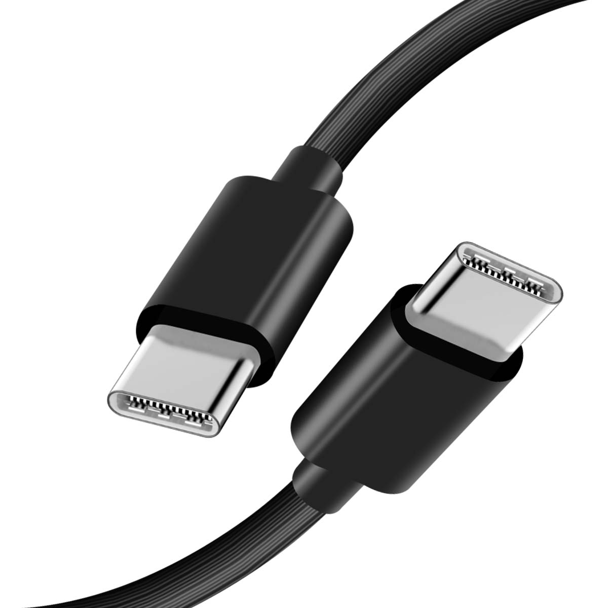 Primo piano di un cavo di ricarica USB-C nero con due connettori. I connettori sono argentati e neri, con pin dettagliati.