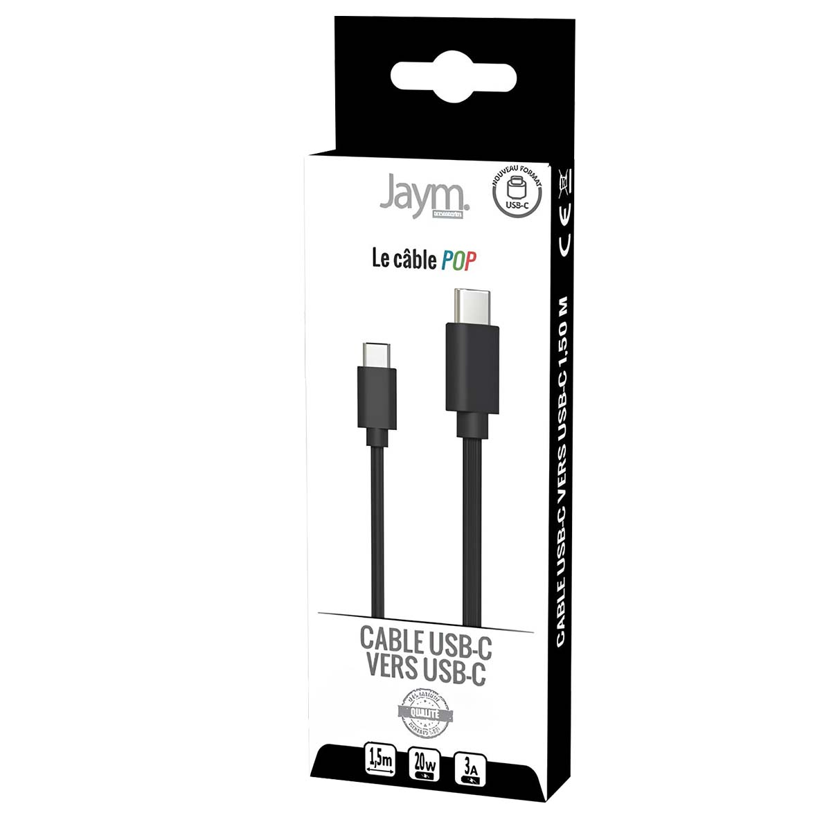Un cavo USB-C nero in una scatola. Il testo include 'Jaym', 'Le câble POP' e le specifiche: 1,5 m, 20W e 3A.