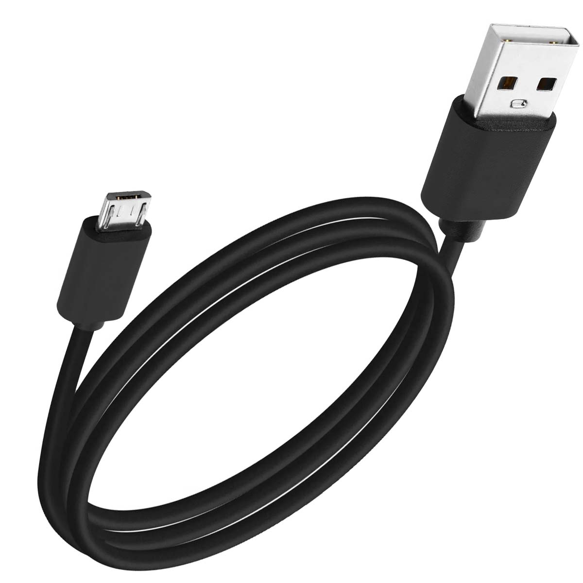 Un cavo di ricarica USB nero con un connettore USB-A e un connettore micro-USB. Il cavo è arrotolato.