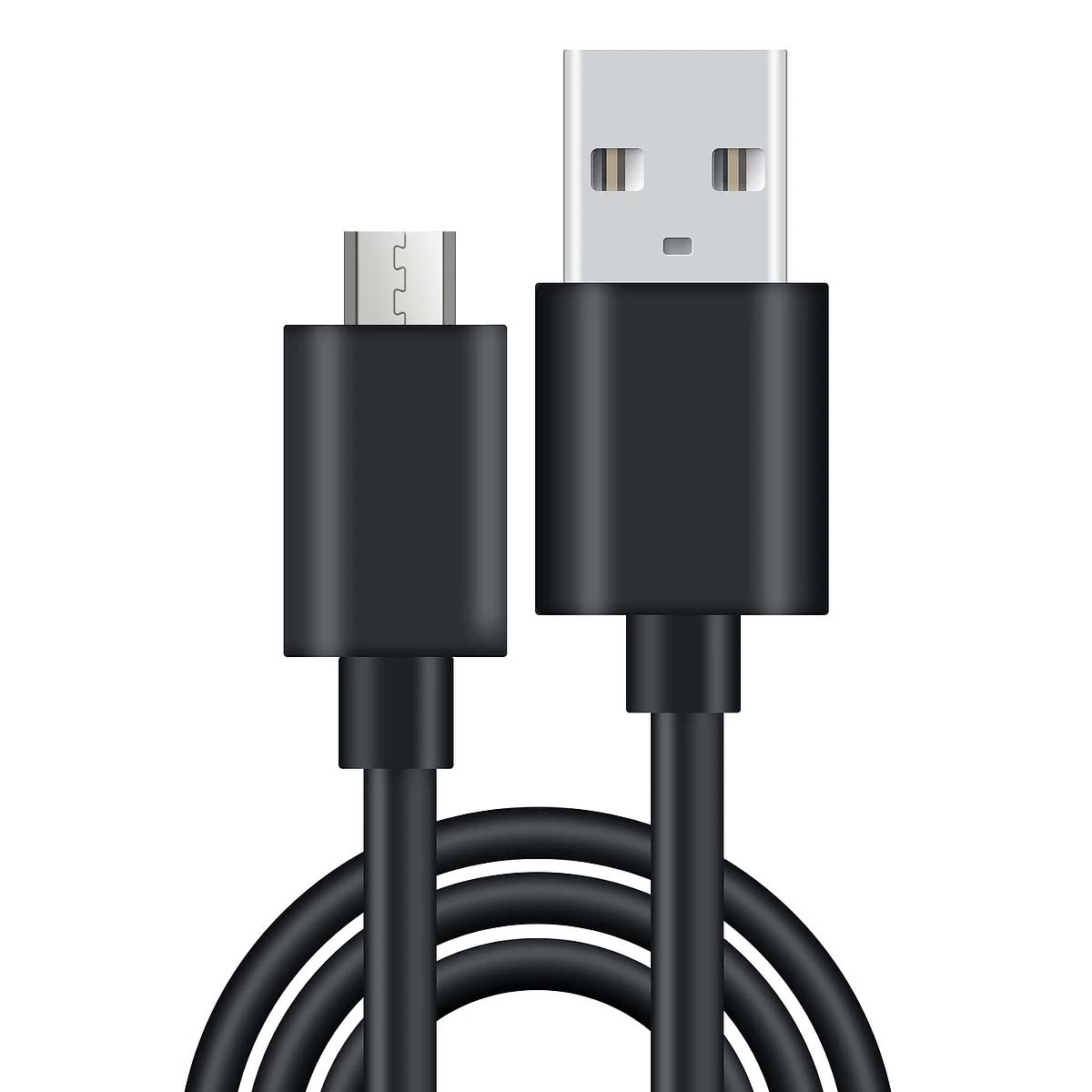 Un cavo USB nero con connettore USB standard e micro-USB, arrotolato in basso, su sfondo bianco.
