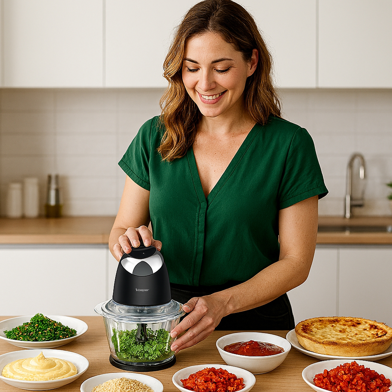Donna con top verde usa un robot da cucina. Piatti con ingredienti e una quiche sul tavolo di legno.